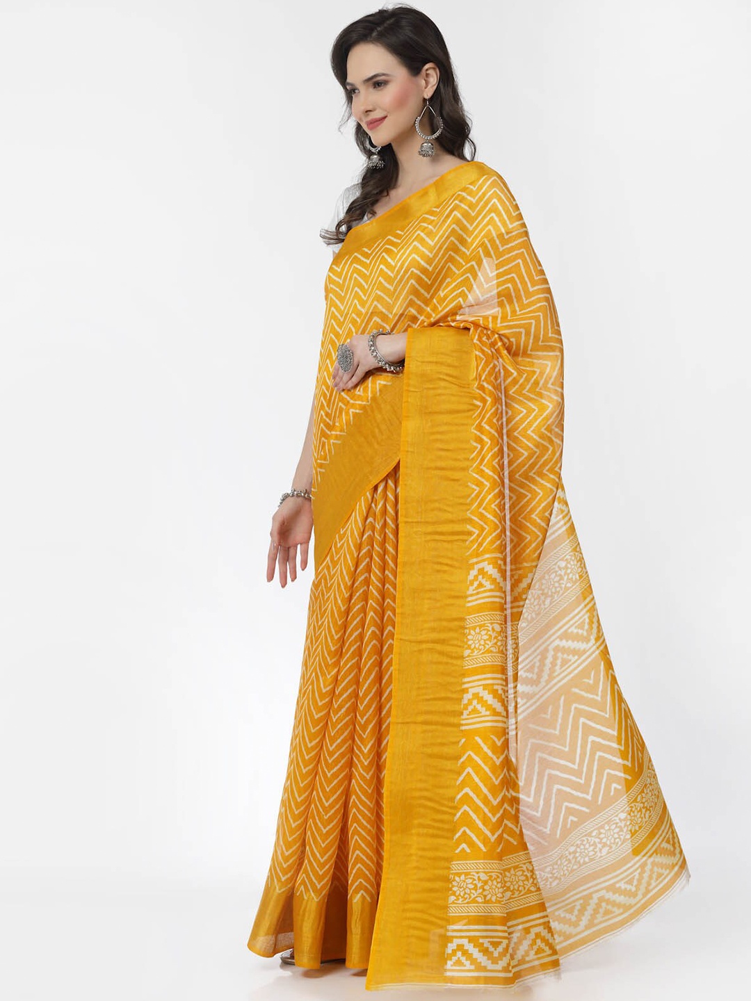 

ISHQY Zari Printed Silk Cotton Saree, Yellow