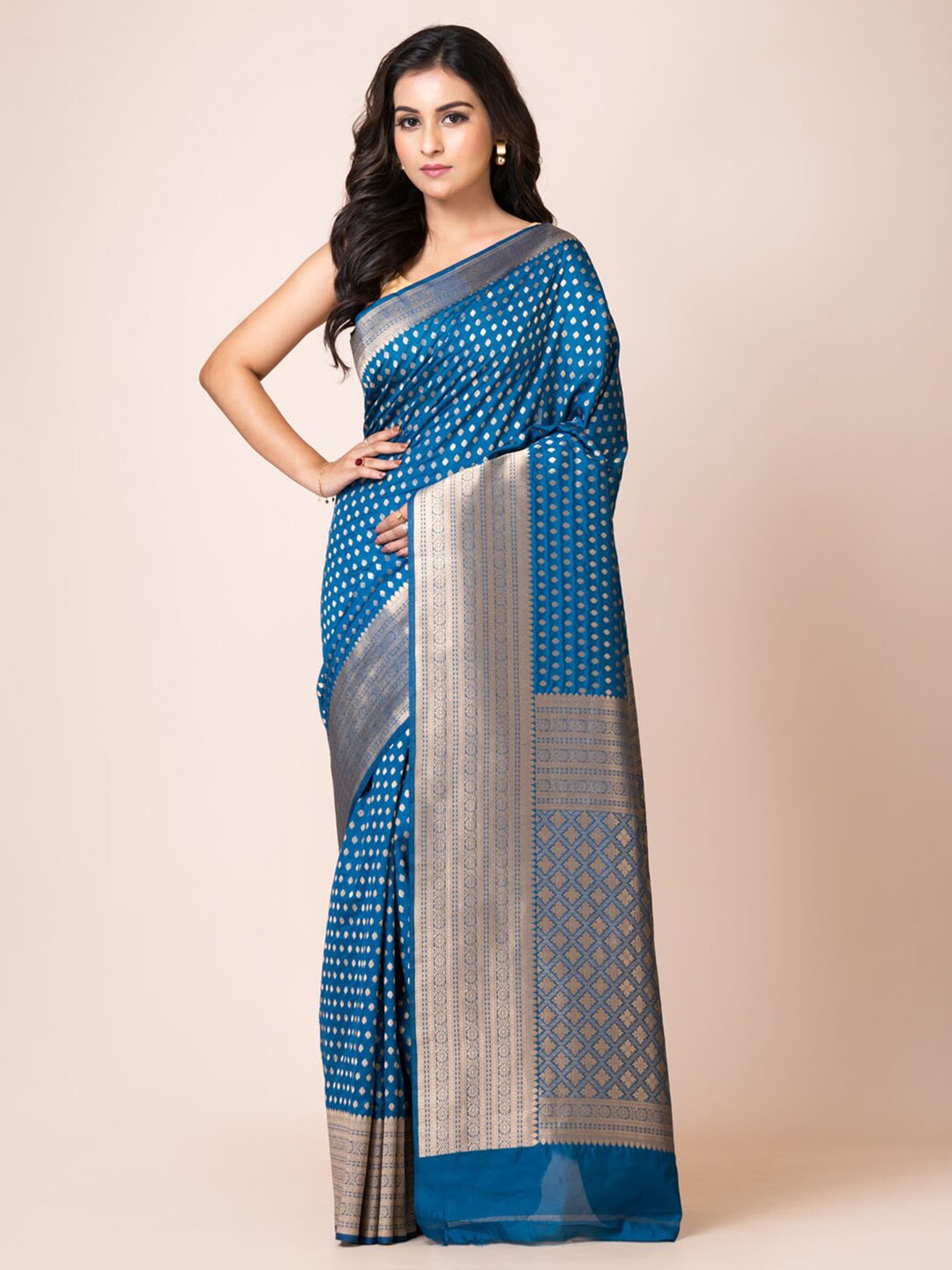 

KAVVYA Woven Design Zari Silk Blend Banarasi Saree, Blue