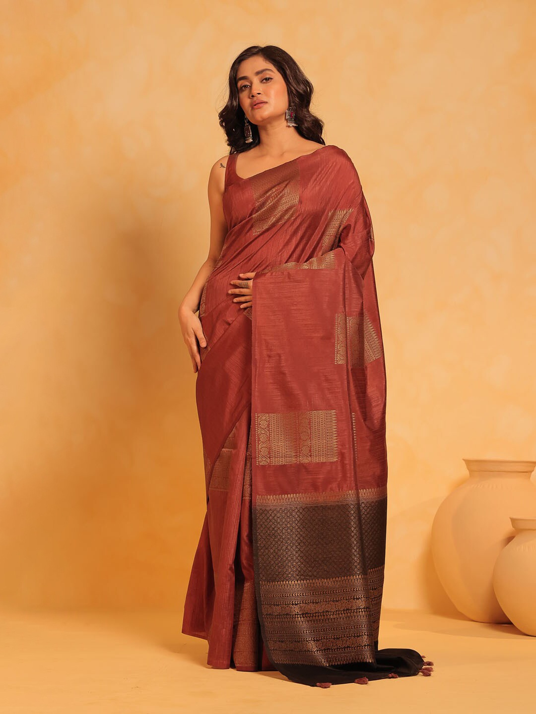 

KAVVYA Woven Design Silk Blend Banarasi Saree, Coffee brown