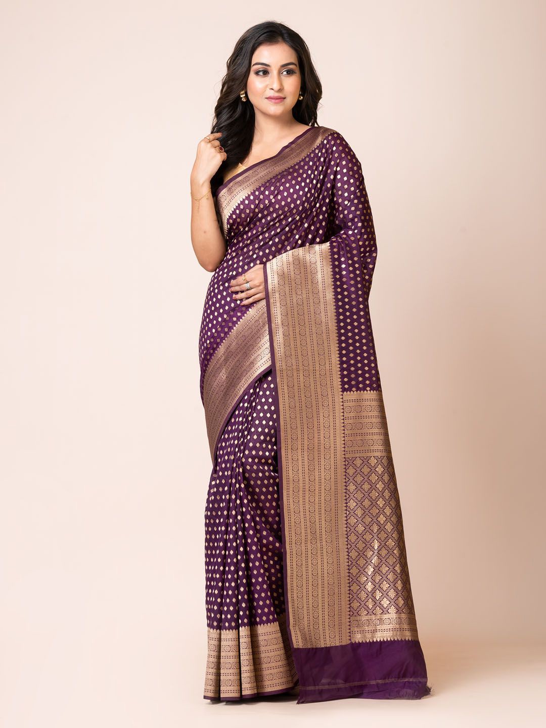 

KAVVYA Ethnic Motifs Zari Silk Blend Banarasi Saree, Purple