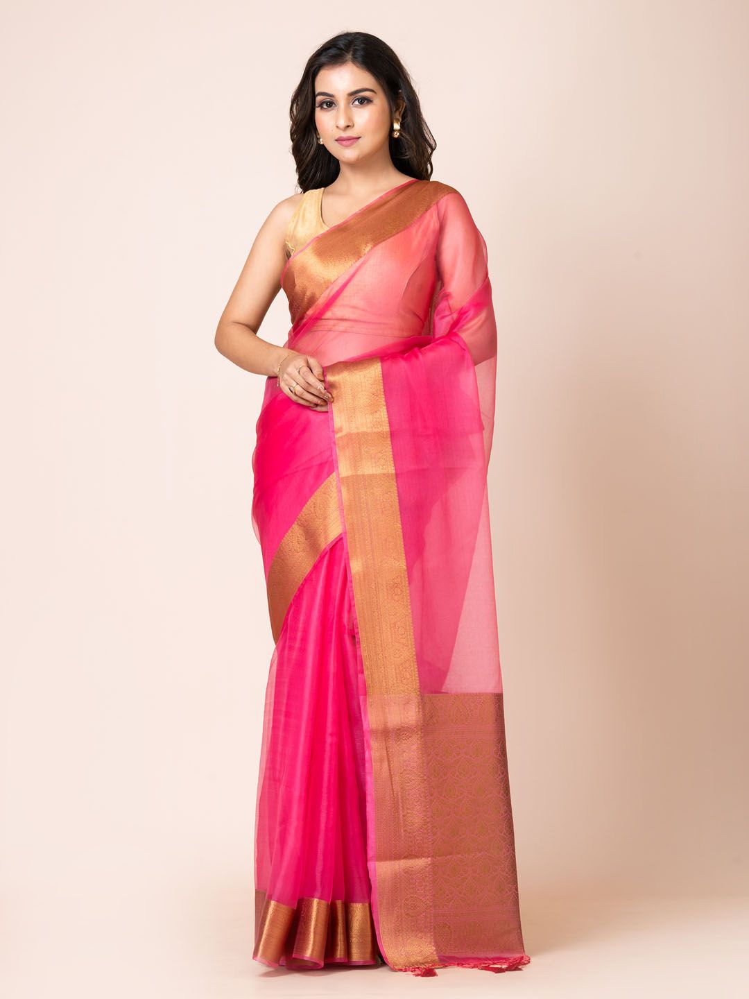 

KAVVYA Zari Silk Blend Banarasi Saree, Pink