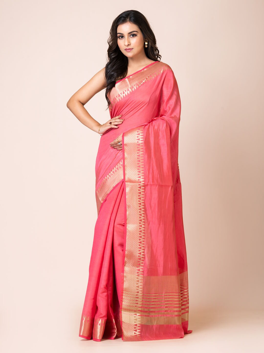 KAVVYA Zari Silk Blend Banarasi Saree, Pink