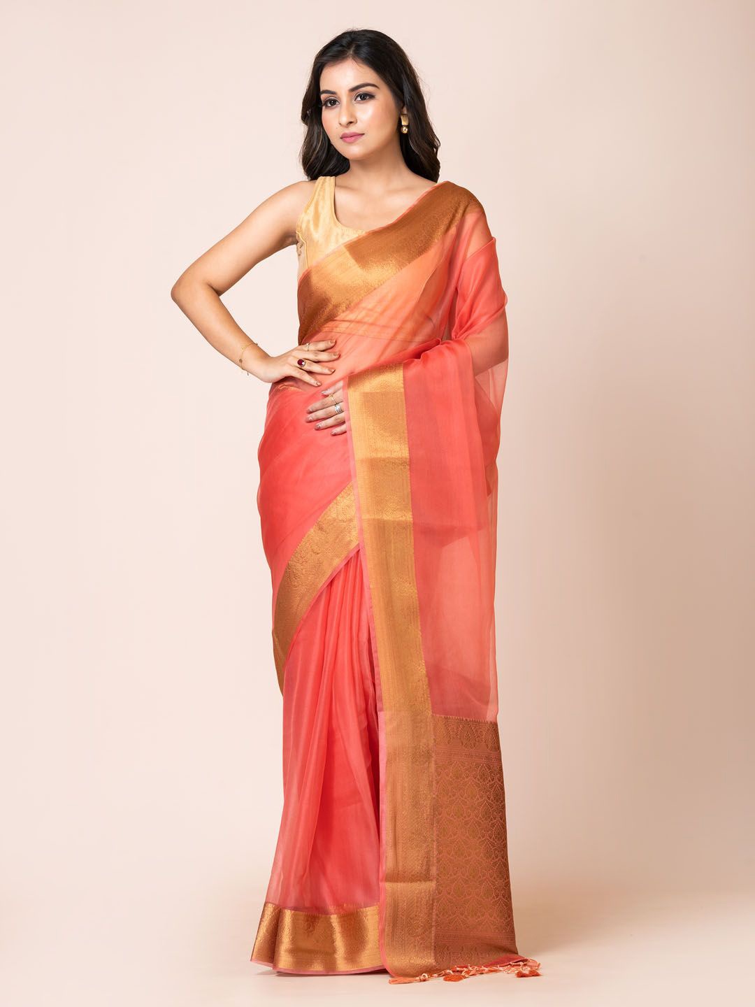 

KAVVYA Zari Silk Blend Banarasi Saree, Peach