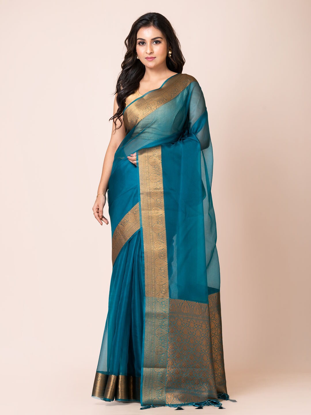 

KAVVYA Woven Design Zari Silk Blend Banarasi Saree, Blue