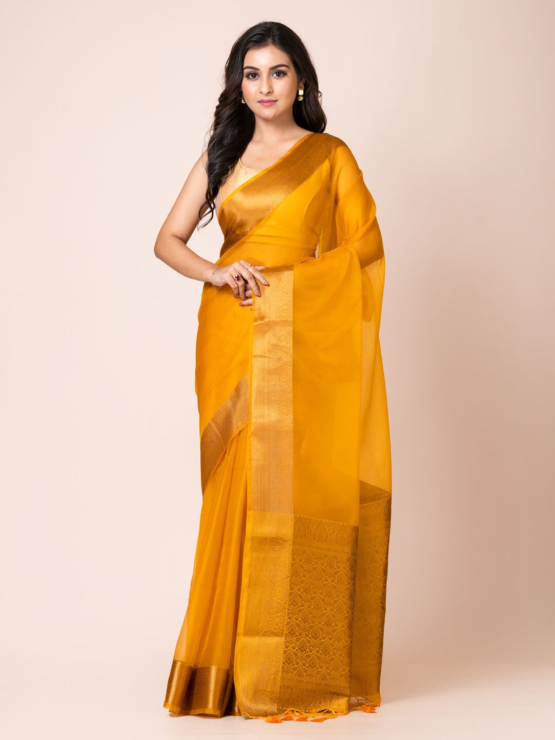 

KAVVYA Zari Silk Blend Banarasi Saree, Yellow