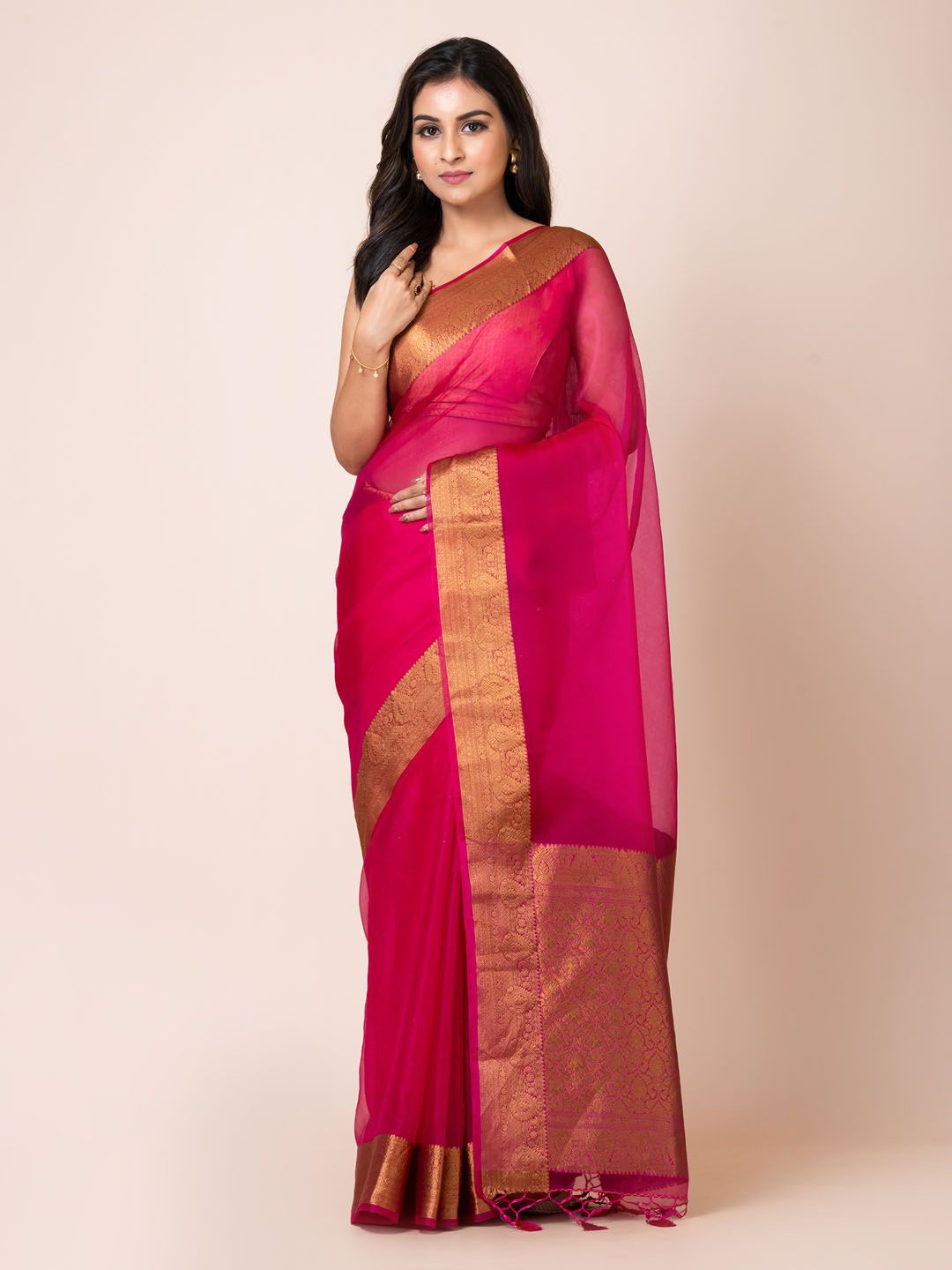 

KAVVYA Zari Silk Blend Banarasi Saree With Blouse Piece, Pink