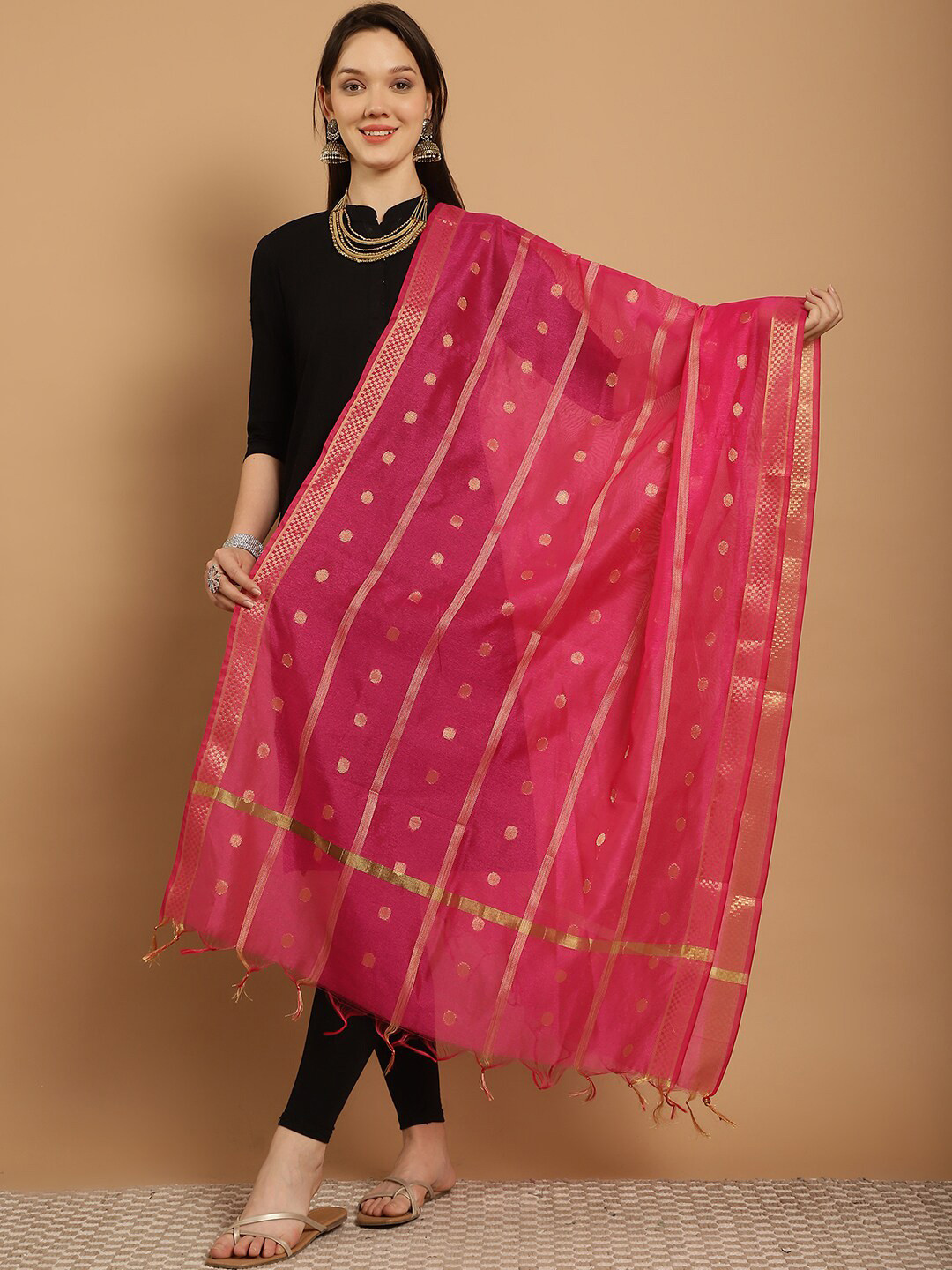 

SOUNDARYA Woven Design Silk Dupatta, Pink