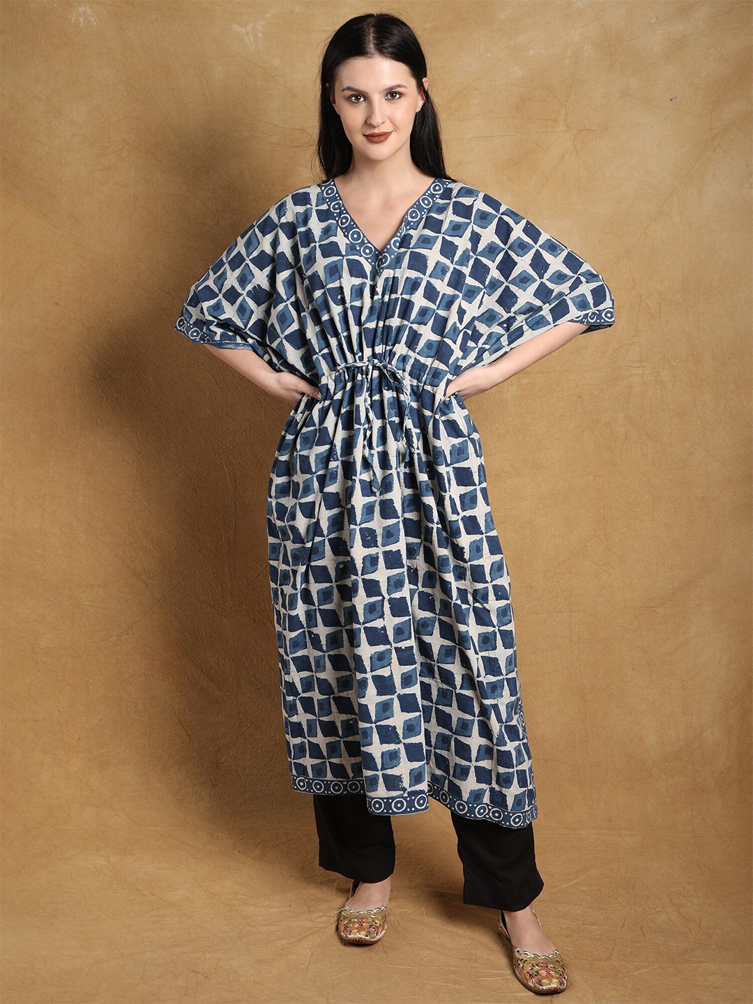 

Exotic India Pure Cotton Bagru Block-Printed V-Neck Short Kaftan Dress, Blue