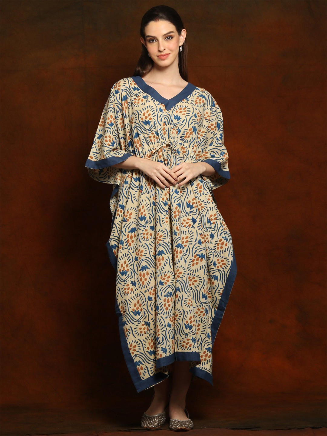 

Exotic India Floral Printed Cotton Kaftan Midi Dress, Beige