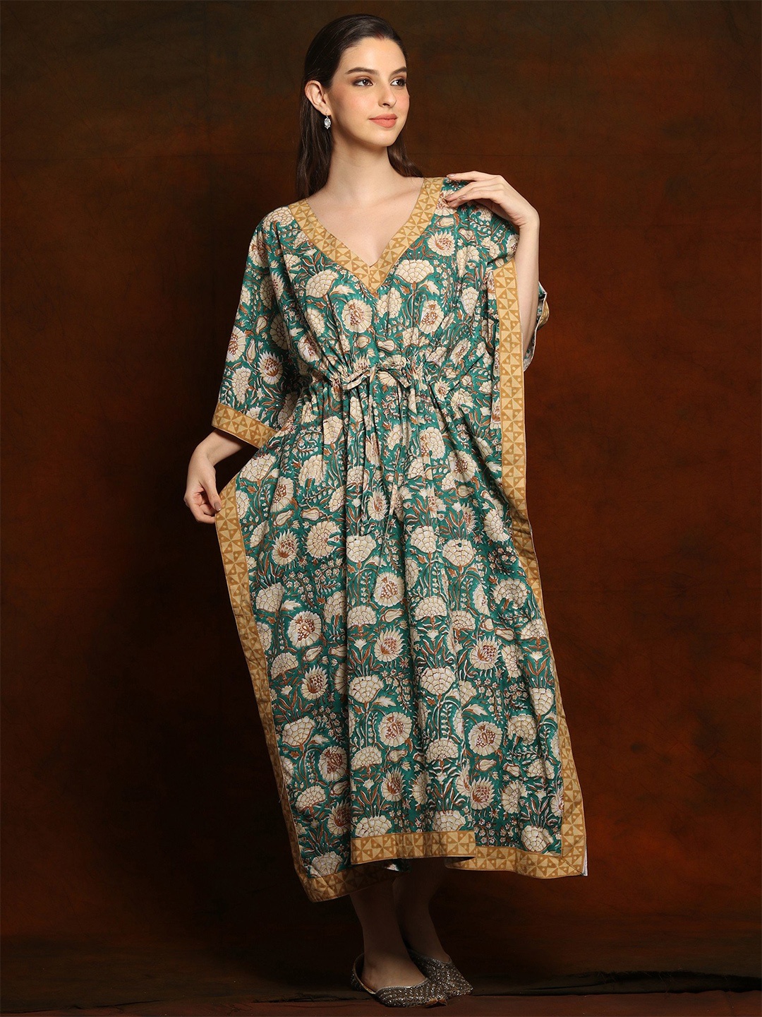 

Exotic India Printed Cotton Sea Green Long Kaftan with Beige V-Neck