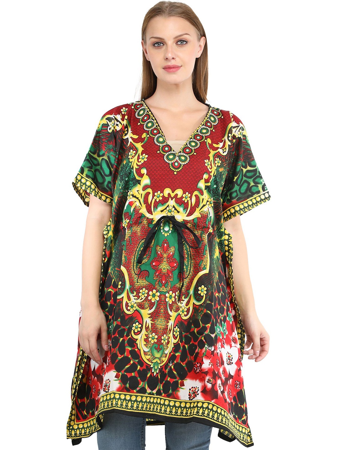 

Exotic India Ribbon Red All-Over Florals Printed Viscose Short Kaftan with Dori at Waist