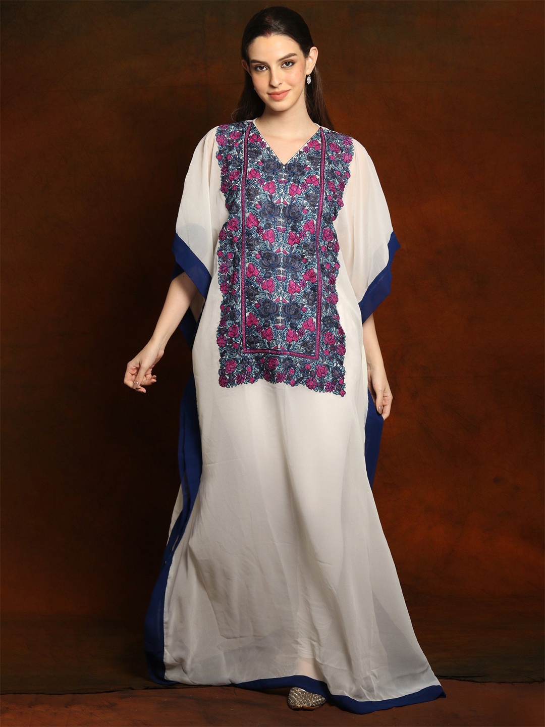

Exotic India V-Neck Georgette Maxi Kaftan Dress, White