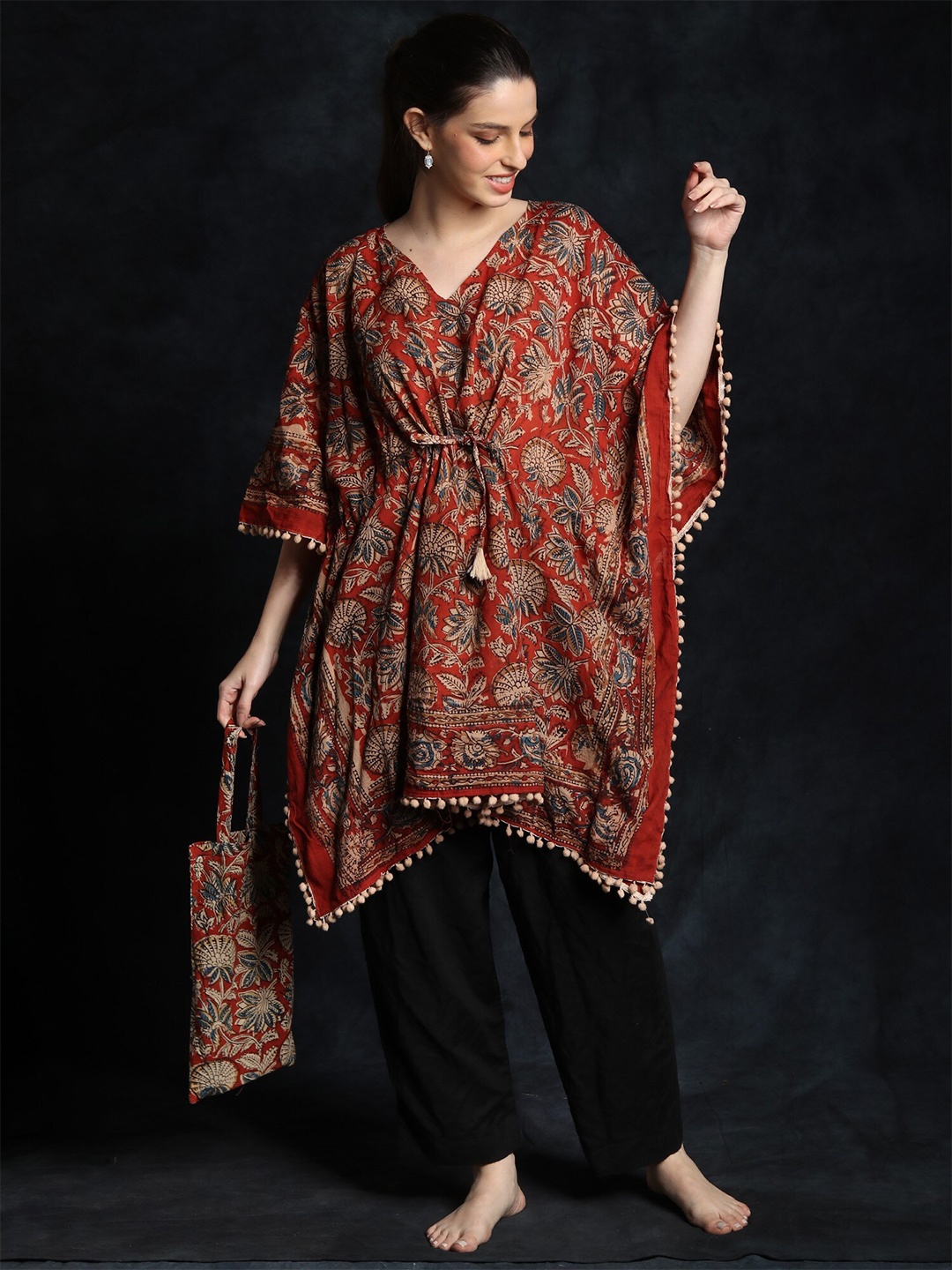 

Exotic India Floral Printed V-Neck Kaftan Dress, Red