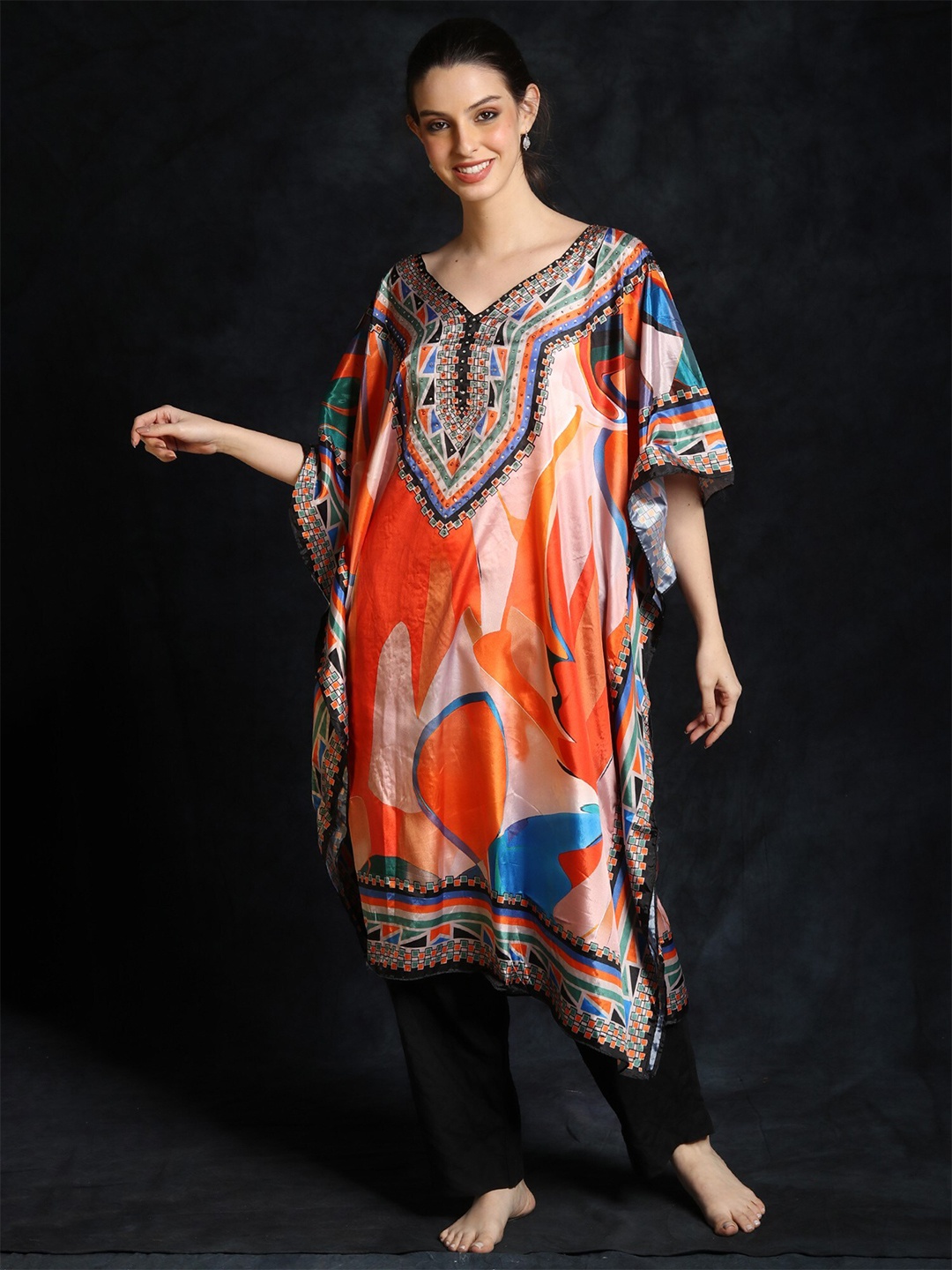 

Exotic India Short Kaftan with African Print and Beadwork on Neck, Orange