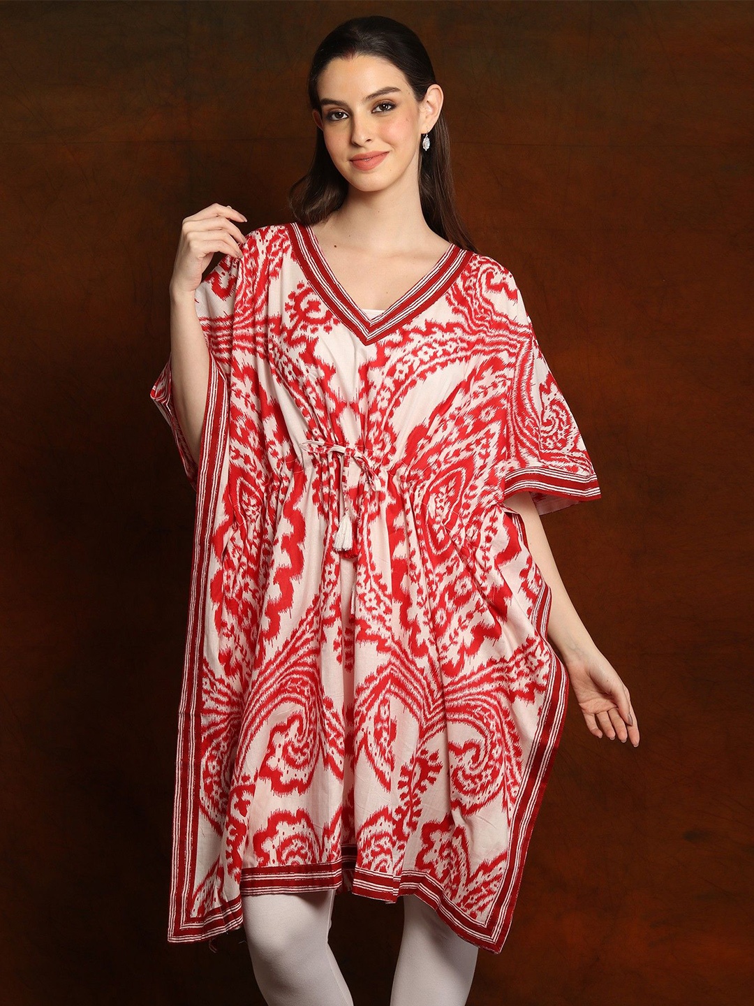 

Exotic India Pure Cotton Ivory White Printed Short Kaftan with Triangle Striped Neck, Red