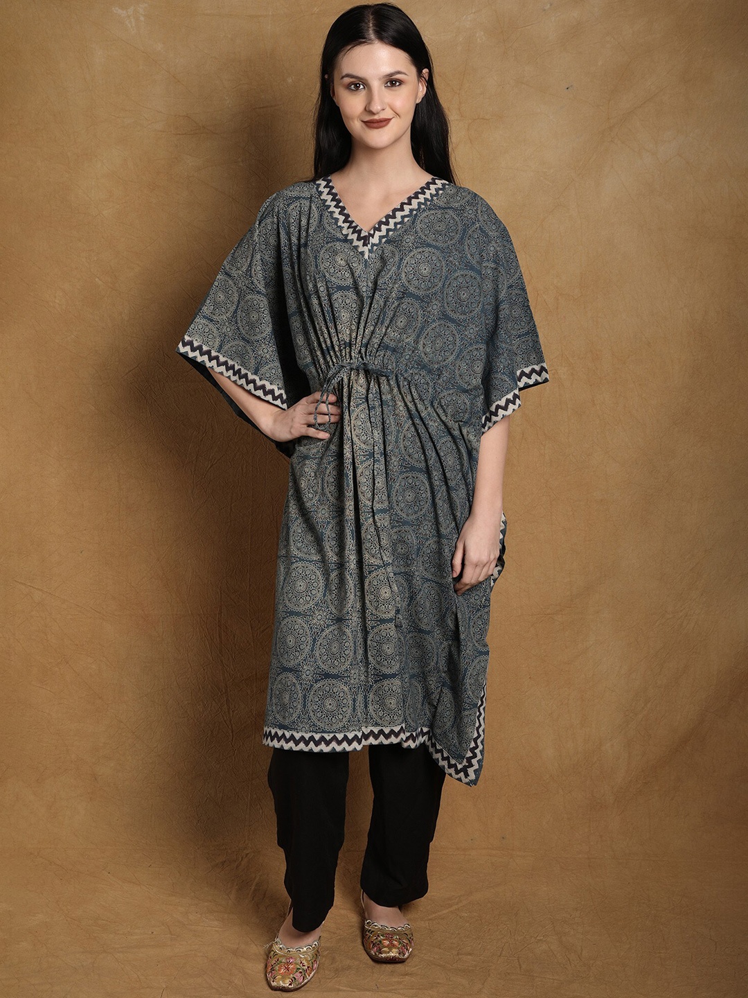 

Exotic India Ethnic Motifs Printed Kimono Sleeve V-Neck Kaftan Cotton Midi Dress, Blue