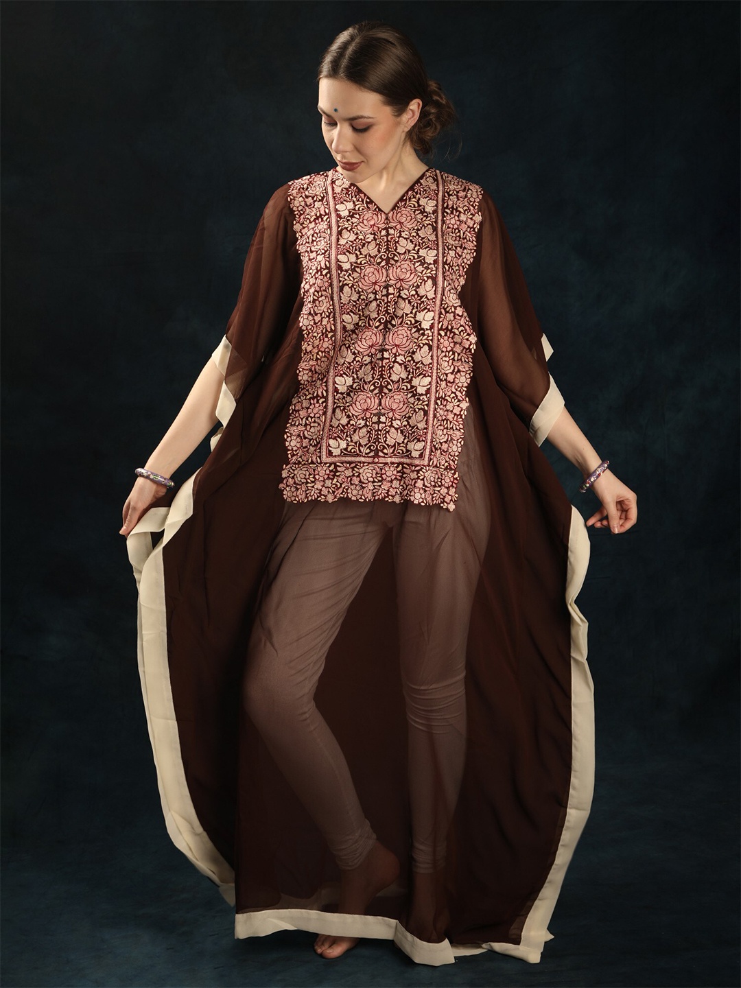 

Exotic India Brown Stone Georgette Kashmiri Long Kaftan with Floral Aari Embroidery