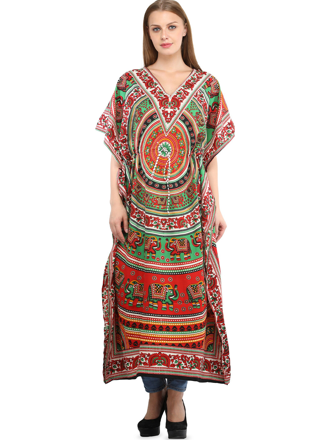 

Exotic India Ethnic Motifs Printed Kaftan Dress, Red