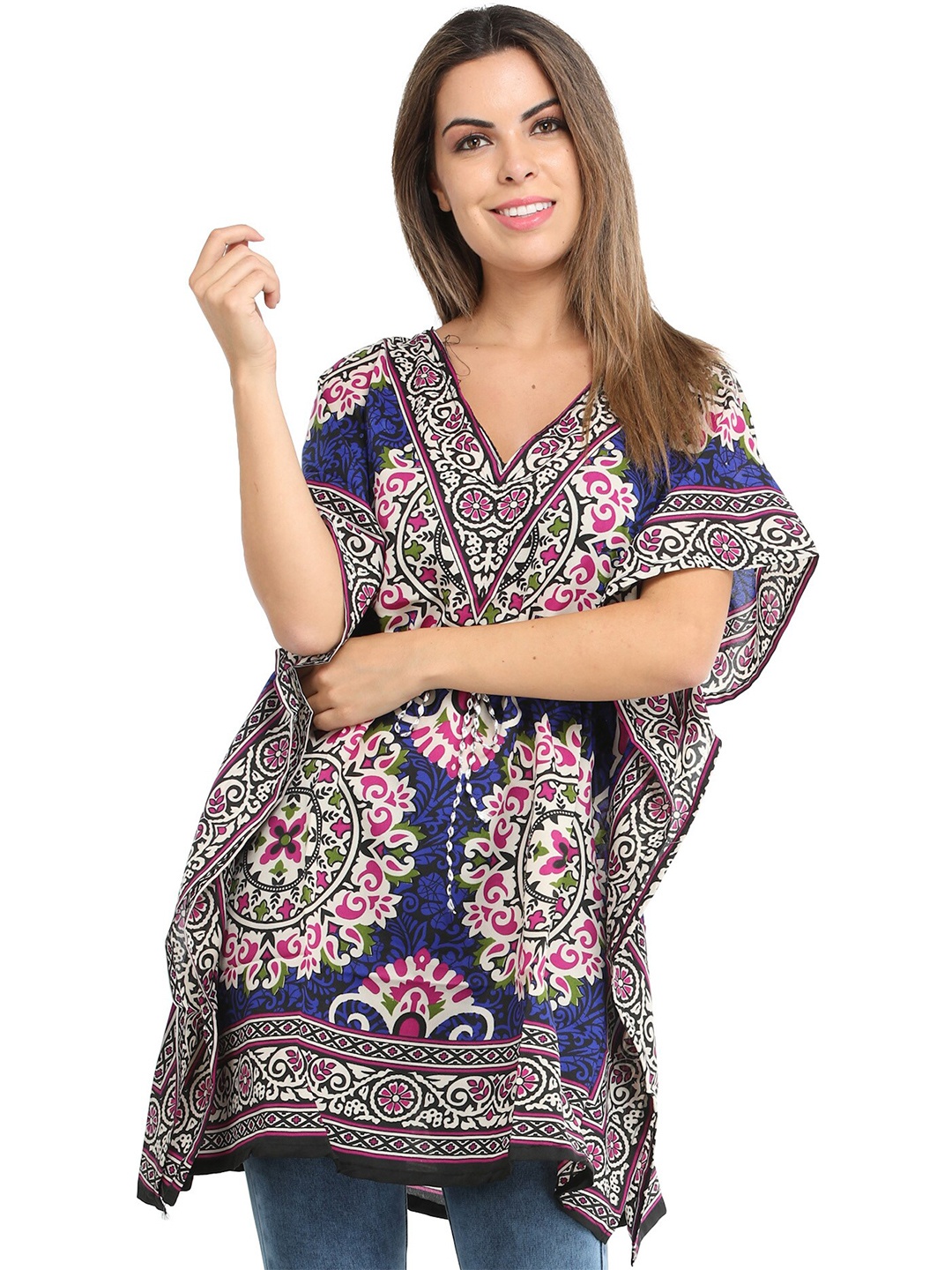 

Exotic India Deep Ultramarine Short Florals Printed Kaftan with and Dori at Waist, Blue