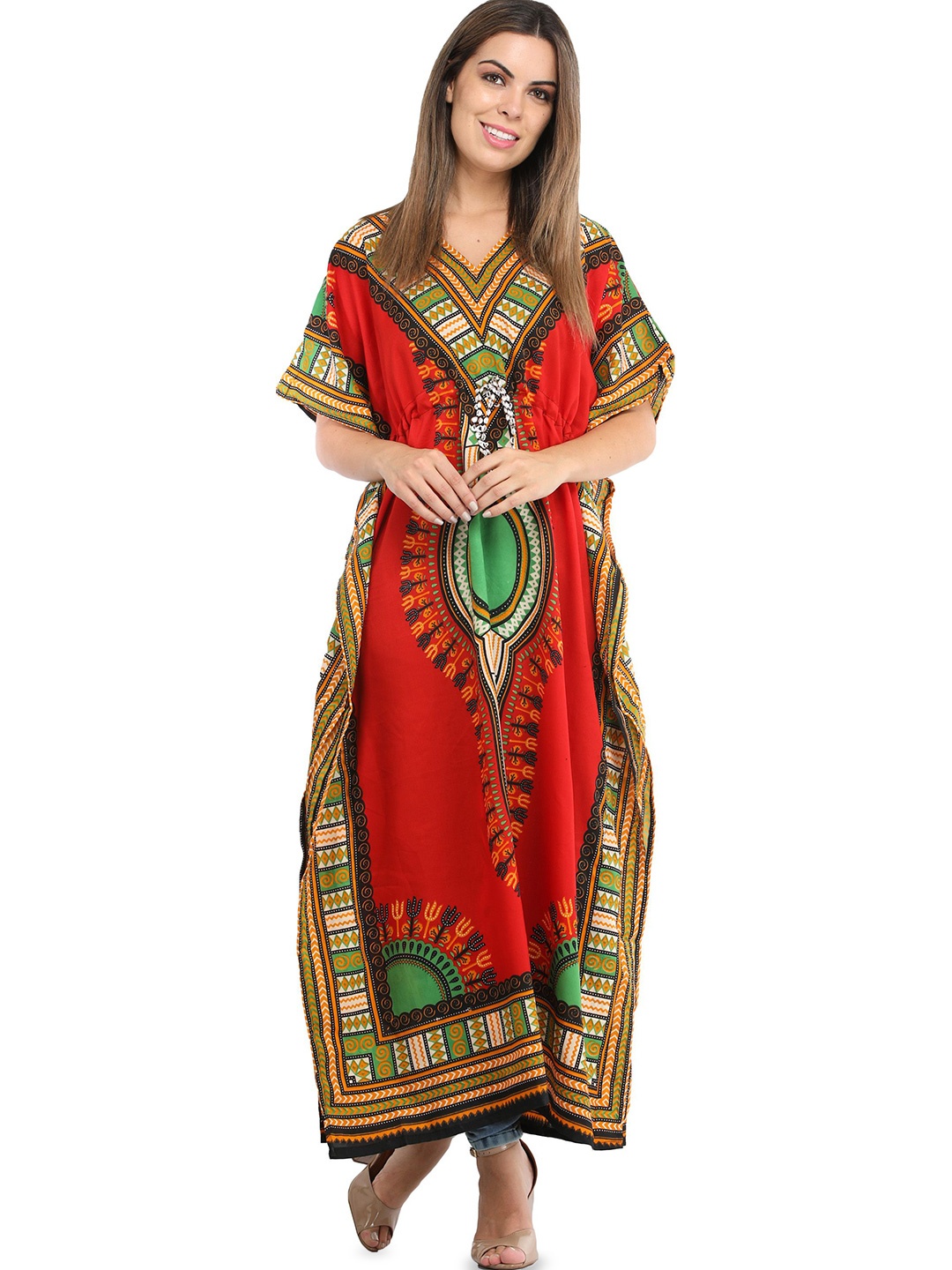 

Exotic India Ethnic Motifs Printed Kimono Sleeves Straight Maxi Dress, Red