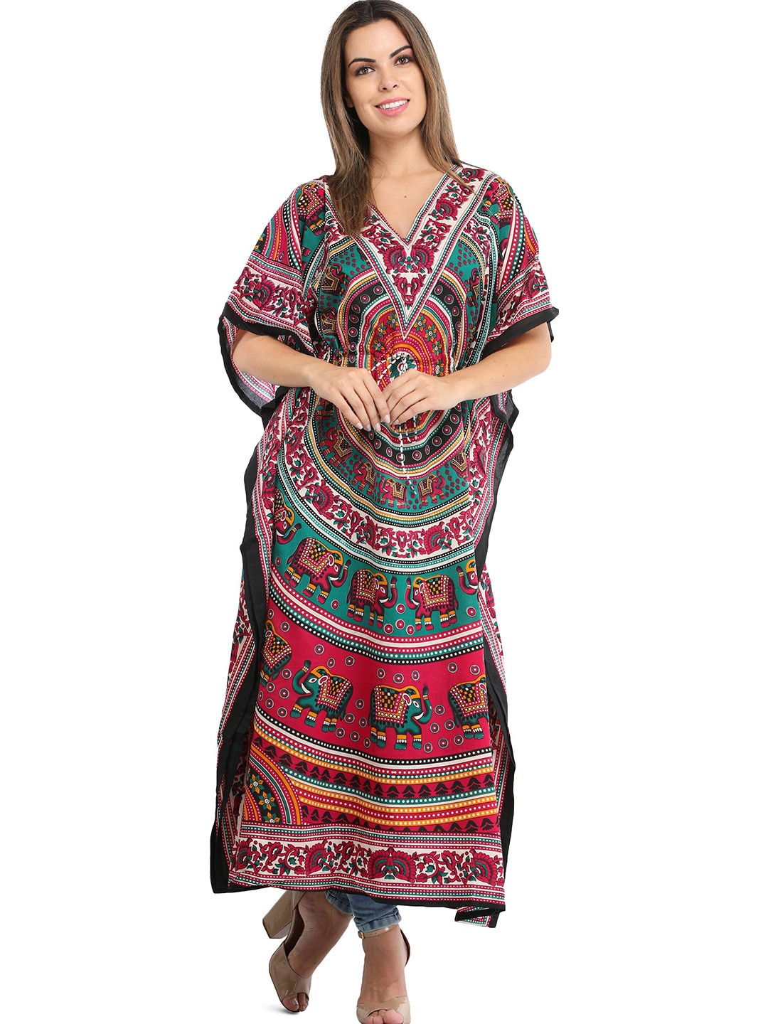 

Exotic India Tribal Printed Kimono Sleeves Kaftan Dress, Rose