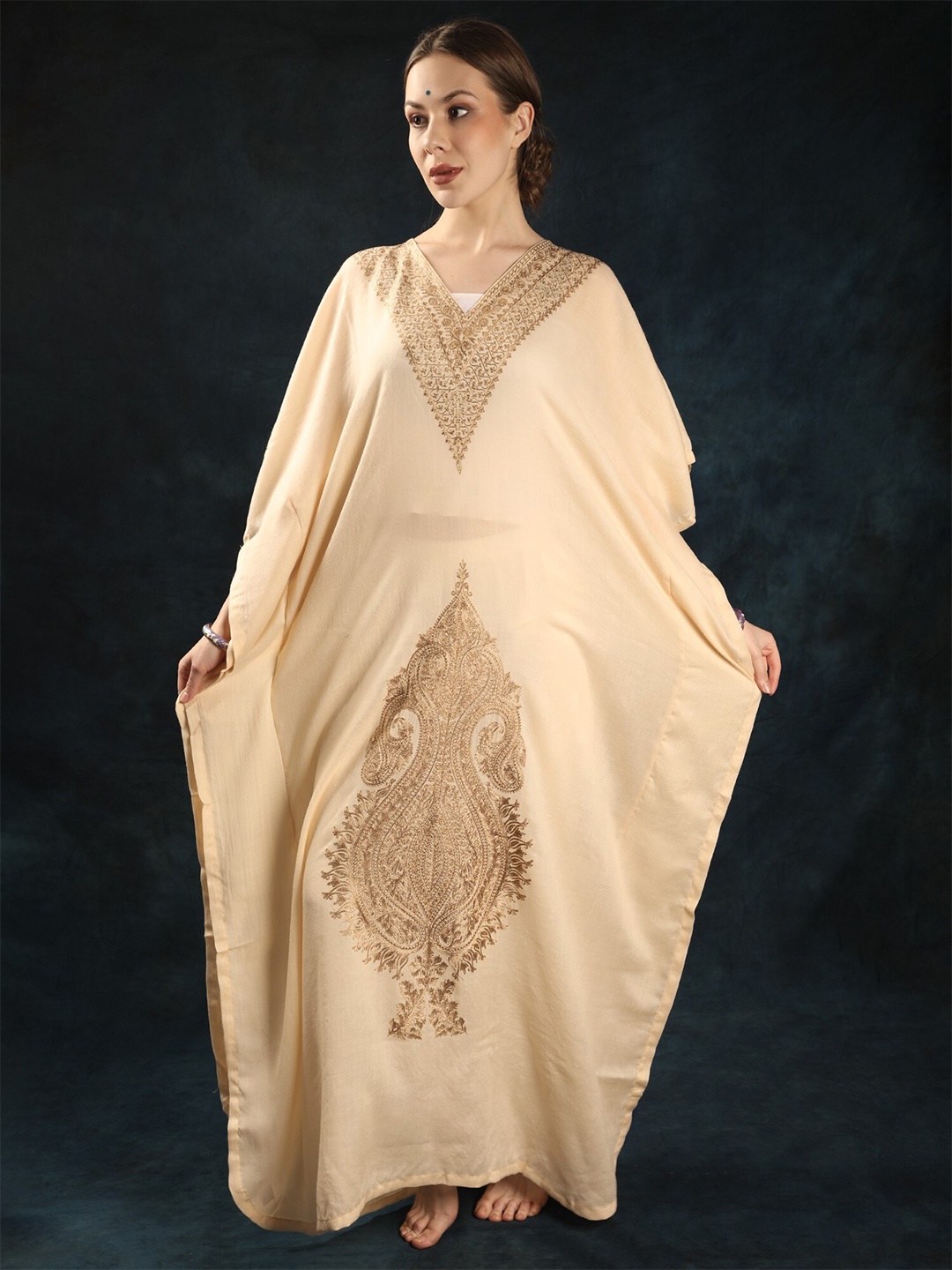 

Exotic India Kalka Aari Embroidered Fine Wool Kashmiri Long Kaftan, Beige
