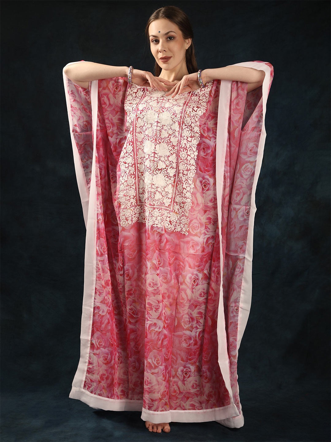 

Exotic India Floral Printed Flared Georgette Maxi Dress, Pink