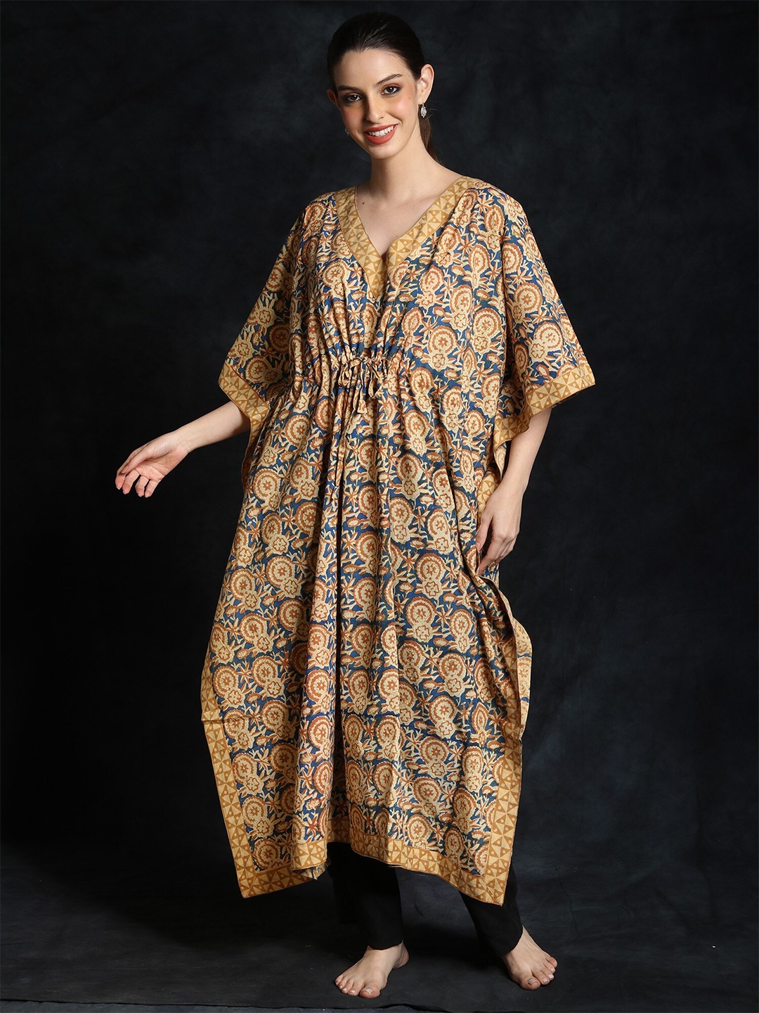 

Exotic India Ethnic Motifs Print Kaftan Dress, Blue