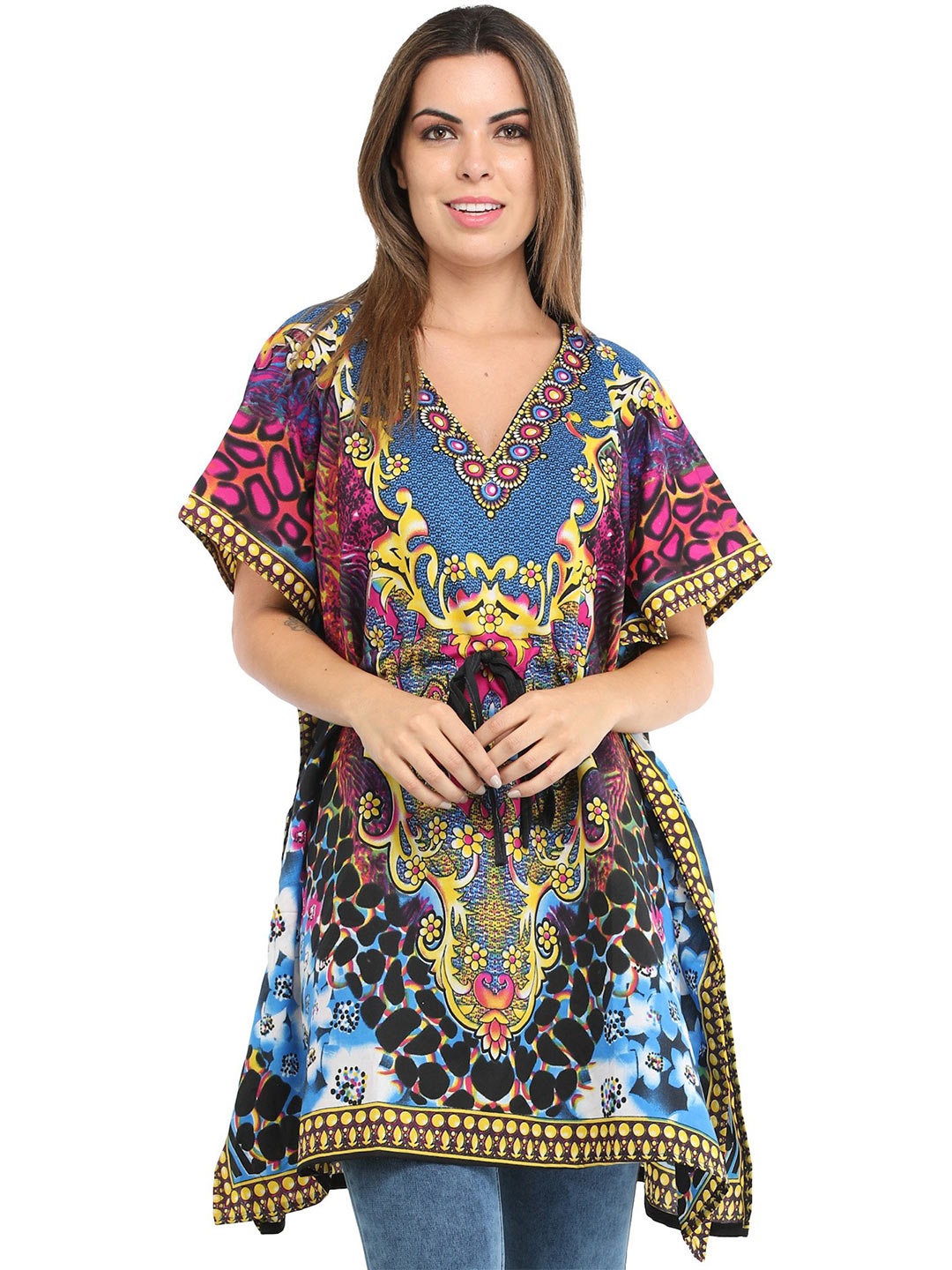 

Exotic India Floral Printed Kimono Sleeve Kaftan Mini Dress, Blue