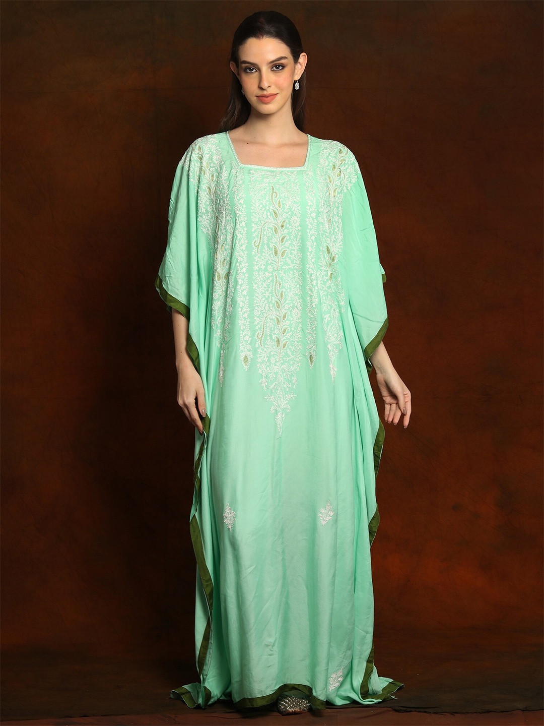 

Exotic India Floral Rayon with Aari Embroidery Kaftan Dress, Green