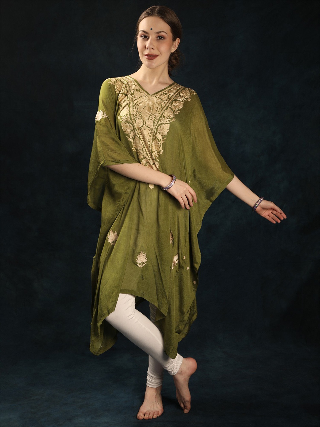 

Exotic India Ethnic Motifs Kimono Sleeve Kaftan Midi Dress, Green