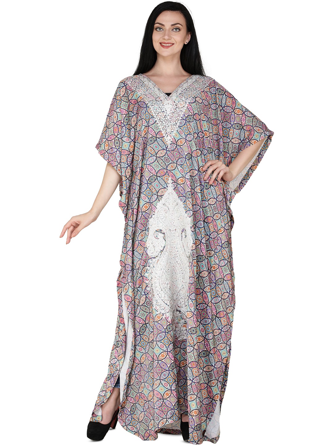 

Exotic India Geometric Printed Kimono Sleeves Kaftan Dress, Grey