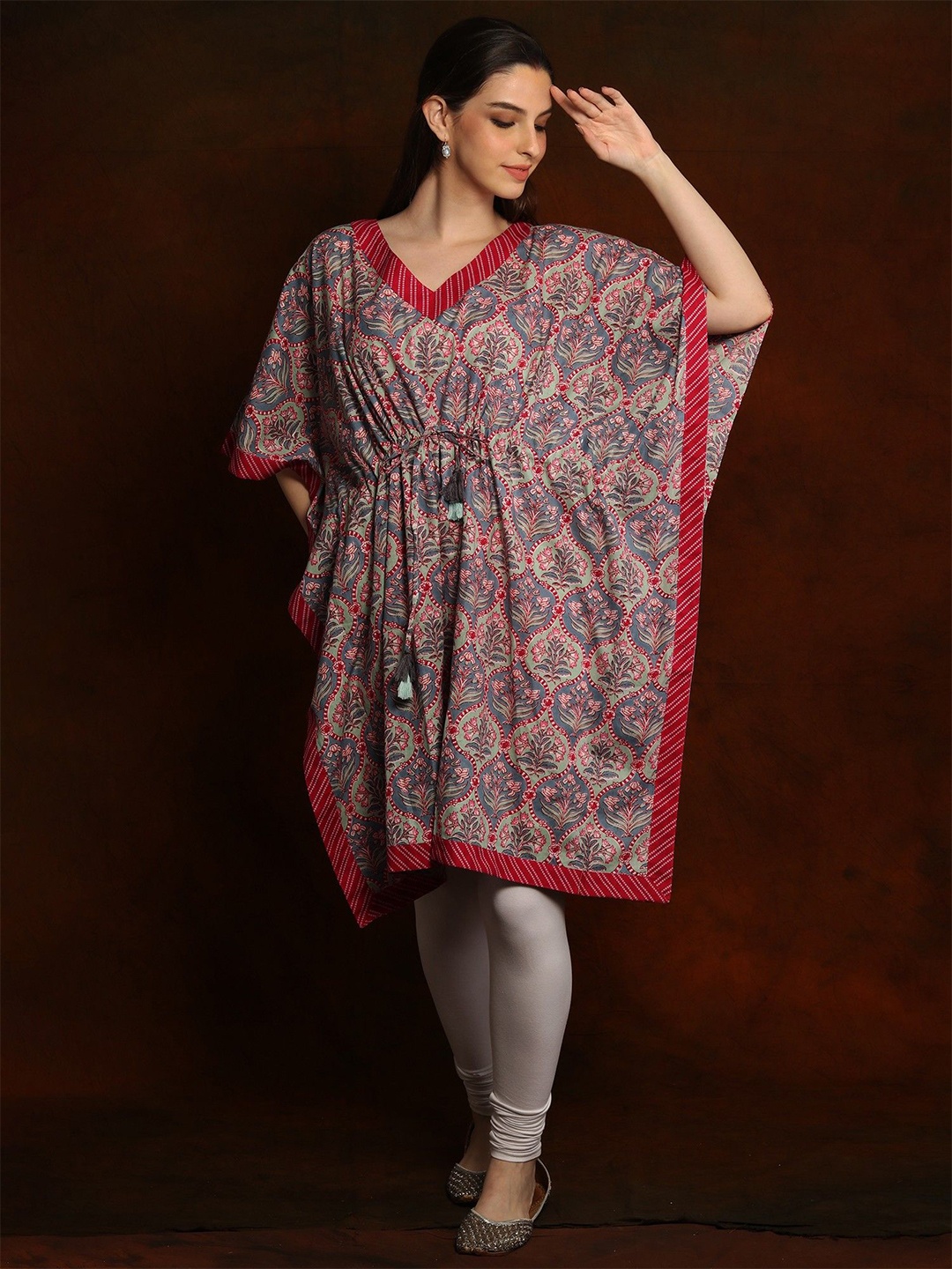 

Exotic India Pure Cotton Short Kaftan with Triangle Striped Neck, Multi