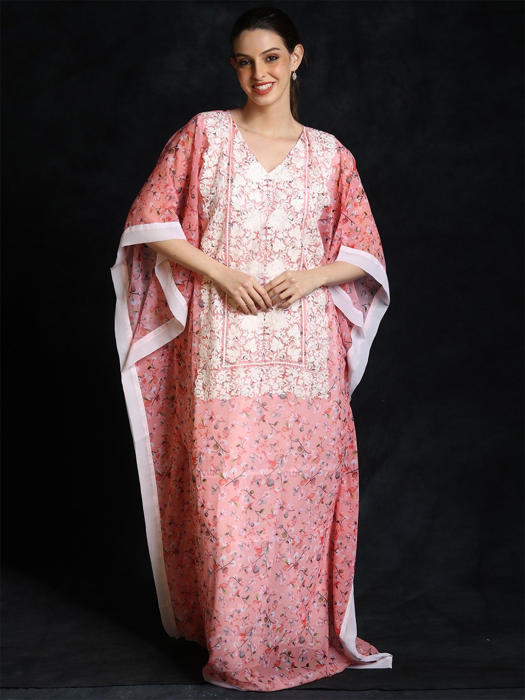 

Exotic India Blooming Dahlia Long Kashmiri Georgette Kaftan with Floral Aari Embroidered, Pink