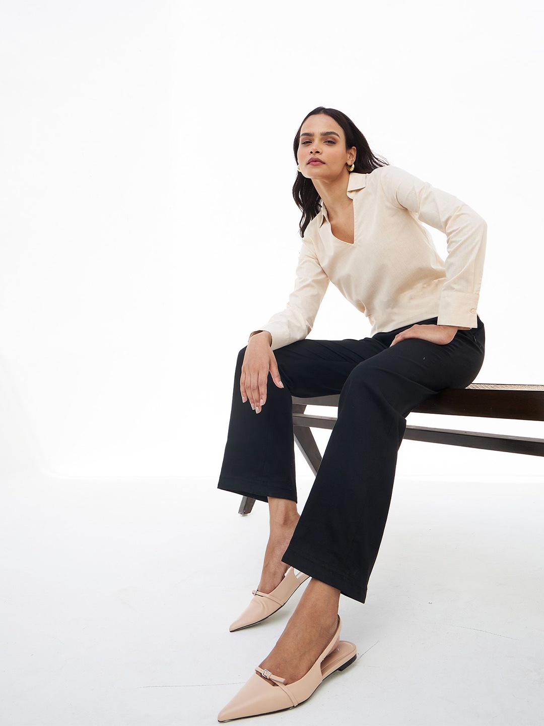 

SALT ATTIRE Allure Shirt Collar Top, Beige