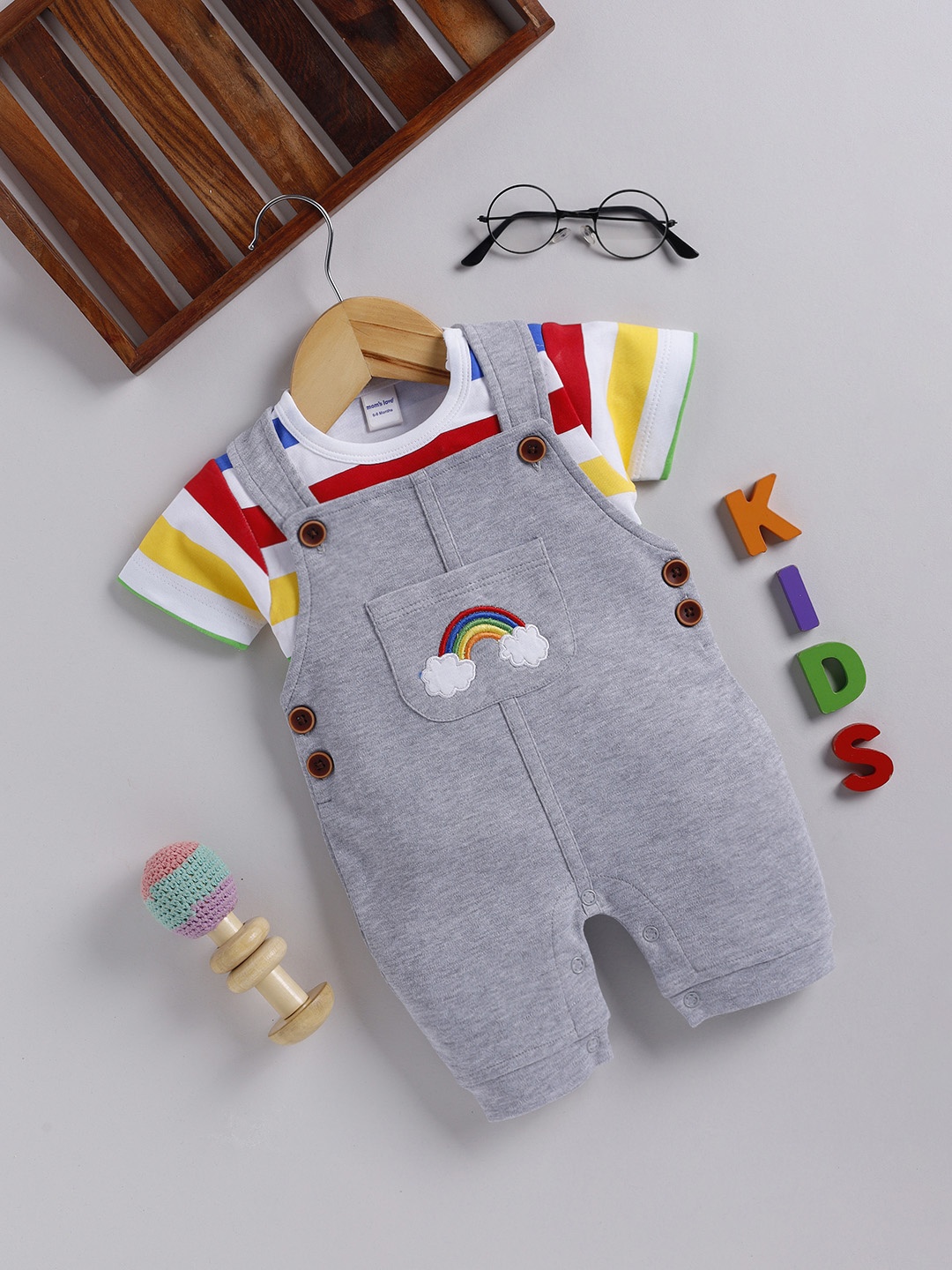 

Moms Love Infant Boys Pure Cotton Dungaree With Striped T-Shirt, Grey