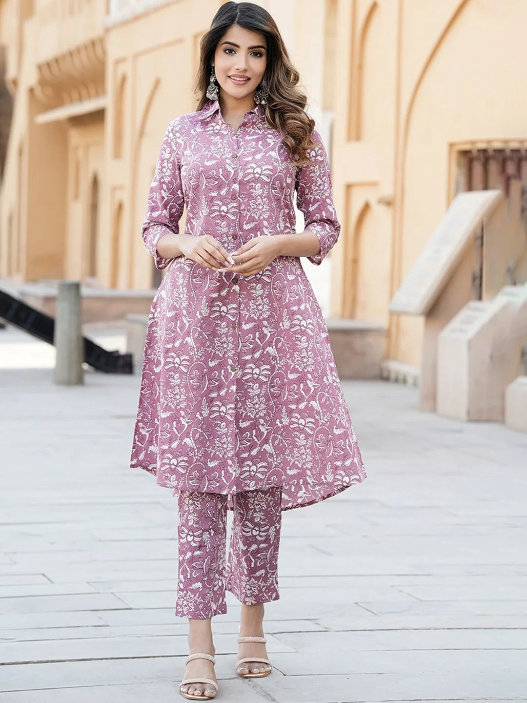 

Dress21 Floral Printed Shirt Collar Three-Quarter Sleeves Pure Cotton Kurta with Trouser, Purple