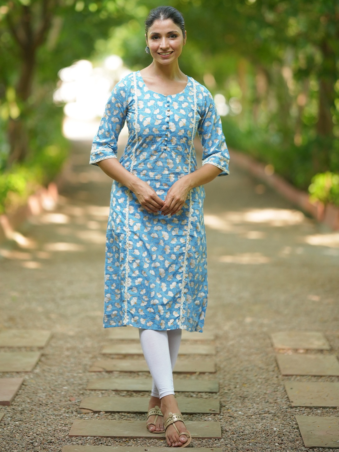 Libas Floral Printed Round Neck Cotton A Line Kurta, Blue