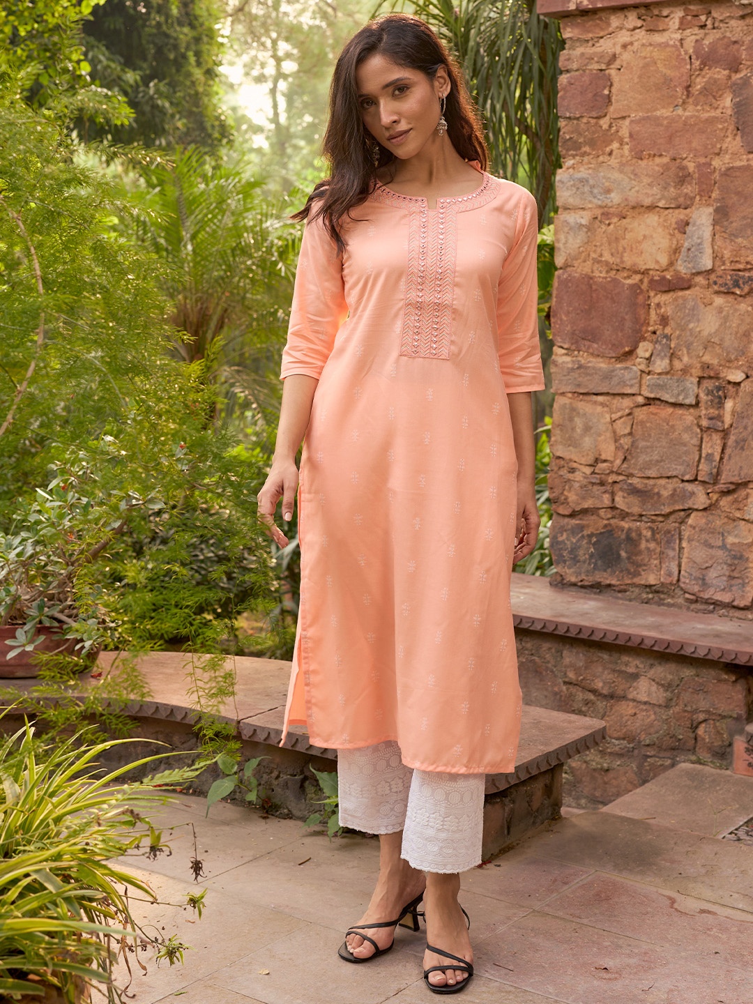 

Libas Round Neck Sequined Embroidered Straight Kurta, Peach