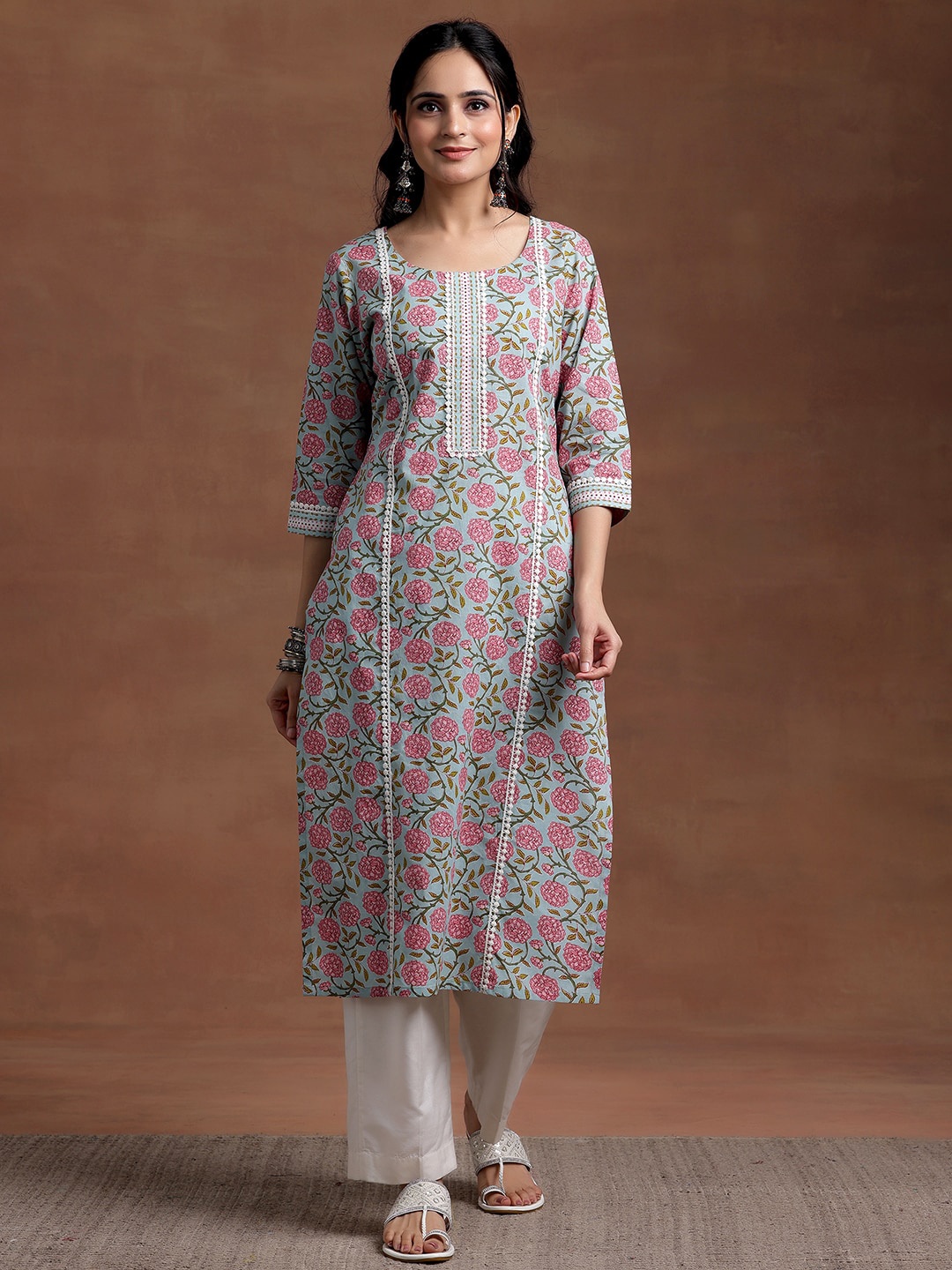Libas Floral Printed Gotta Patti Cotton Straight Kurta, Blue