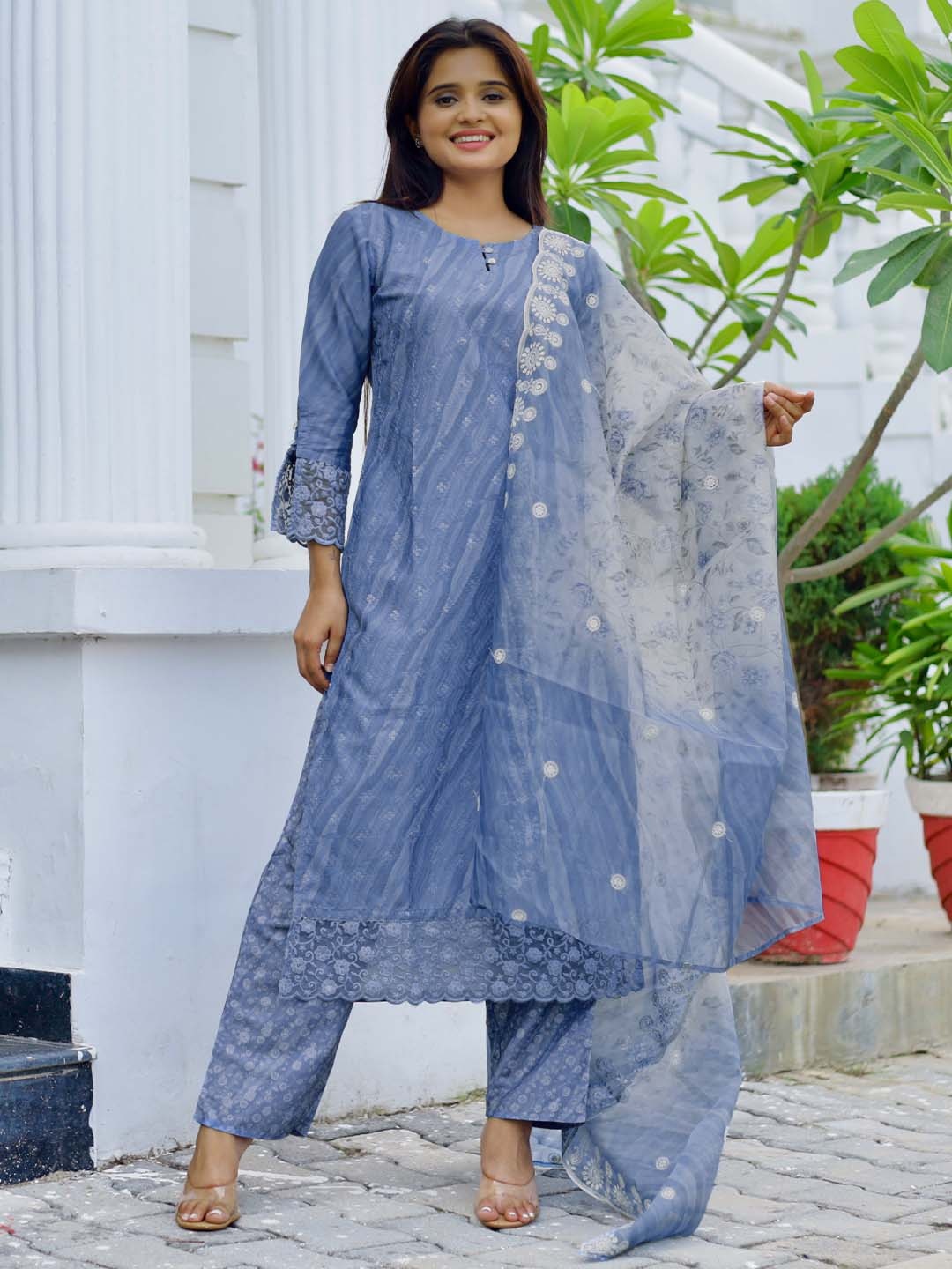 

Libas Round Neck Slit Sleeves Leheriya Embroidered Kurta with Palazzo & Dupatta, Blue