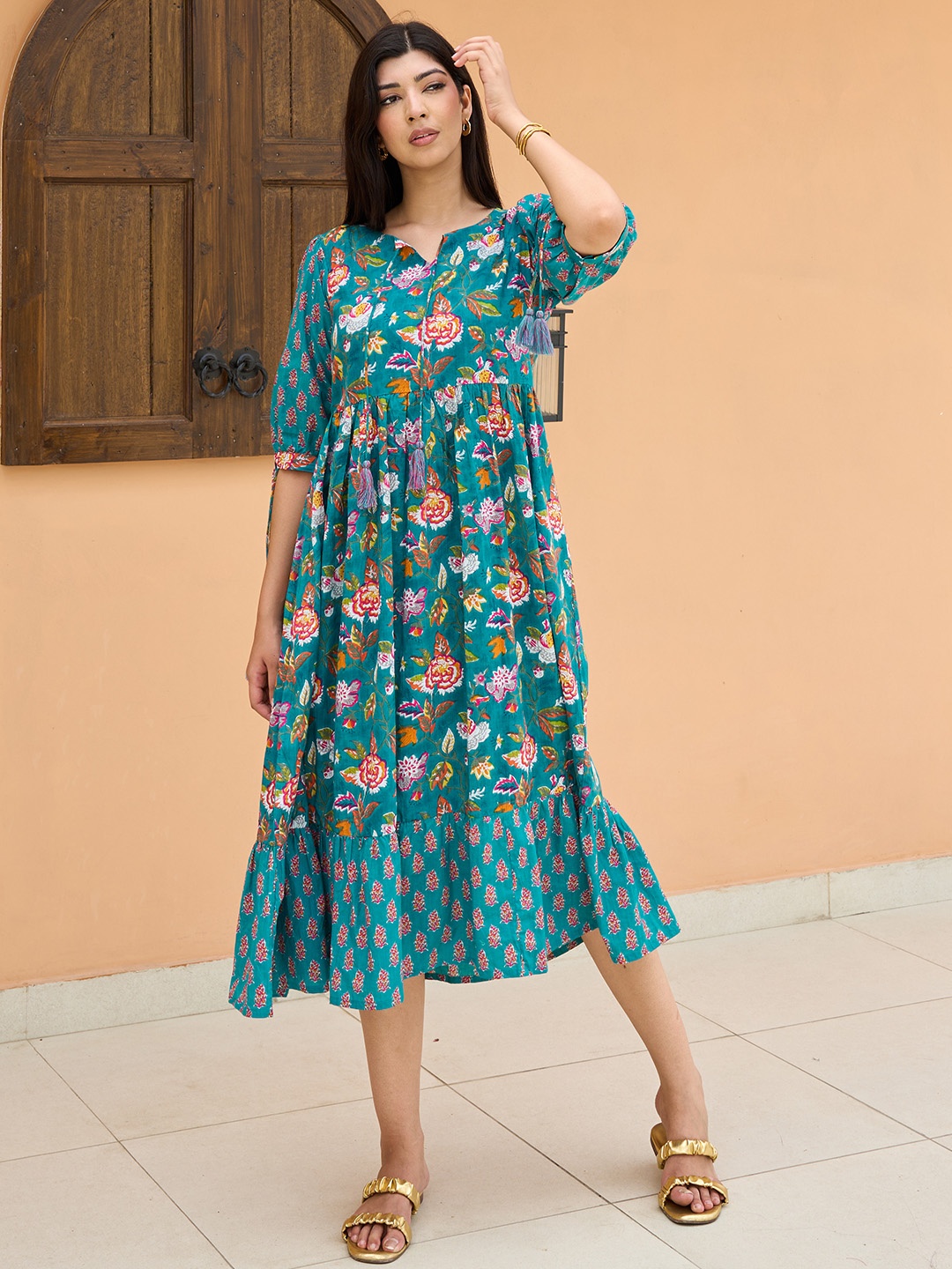 

Libas Tie Up Neck Floral Print Puff Sleeve Ruffled Fit & Flare Midi Dress, Blue