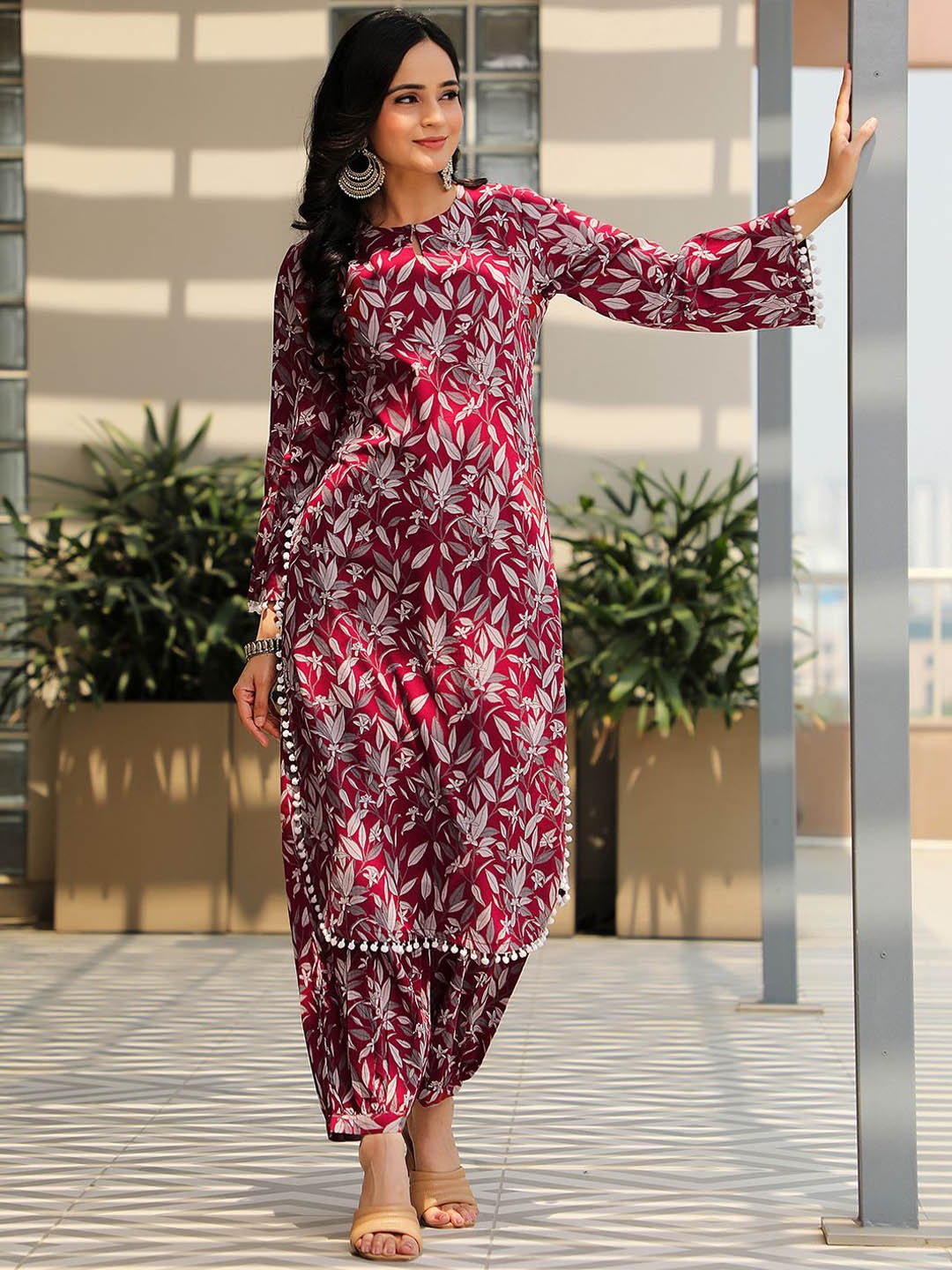 

Libas Keyhole Neck Flared Sleeves Floral Printed Pure Cotton Straight Kurta with Salwar, Rust