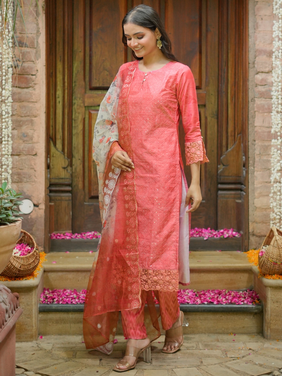 

Libas Round Neck Ethnic Motifs Embroidered Straight Kurta with Palazzo & Dupatta, Peach