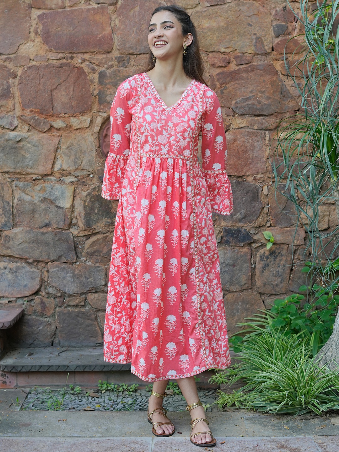 

Libas V Neck Floral Print Bell Sleeve A-Line Midi Dress, Pink