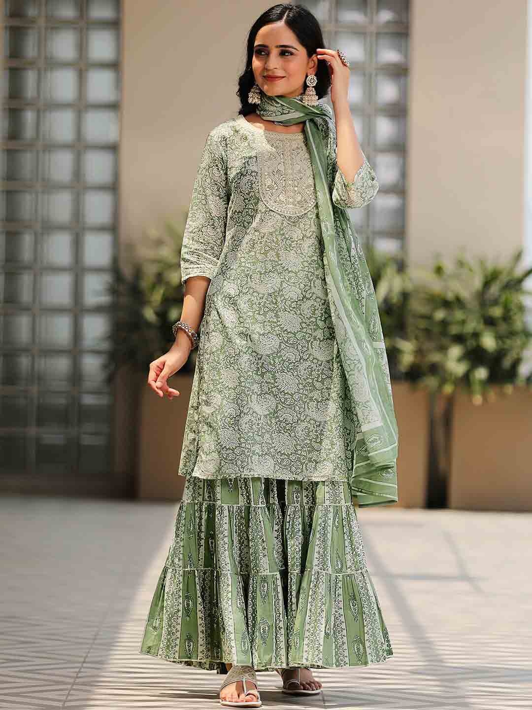 

Libas Floral Printed Round Straight Pure Cotton Kurta & Sharara With Dupatta, Green