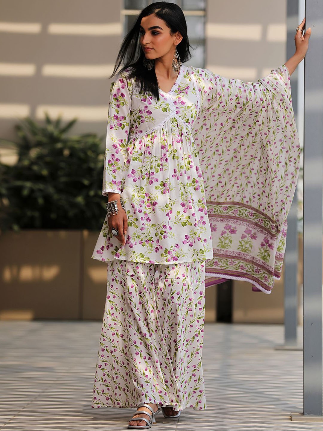 

Libas V neck Floral Printed Empire Pure Cotton A Line Kurta with Sharara & Dupatta, Off white