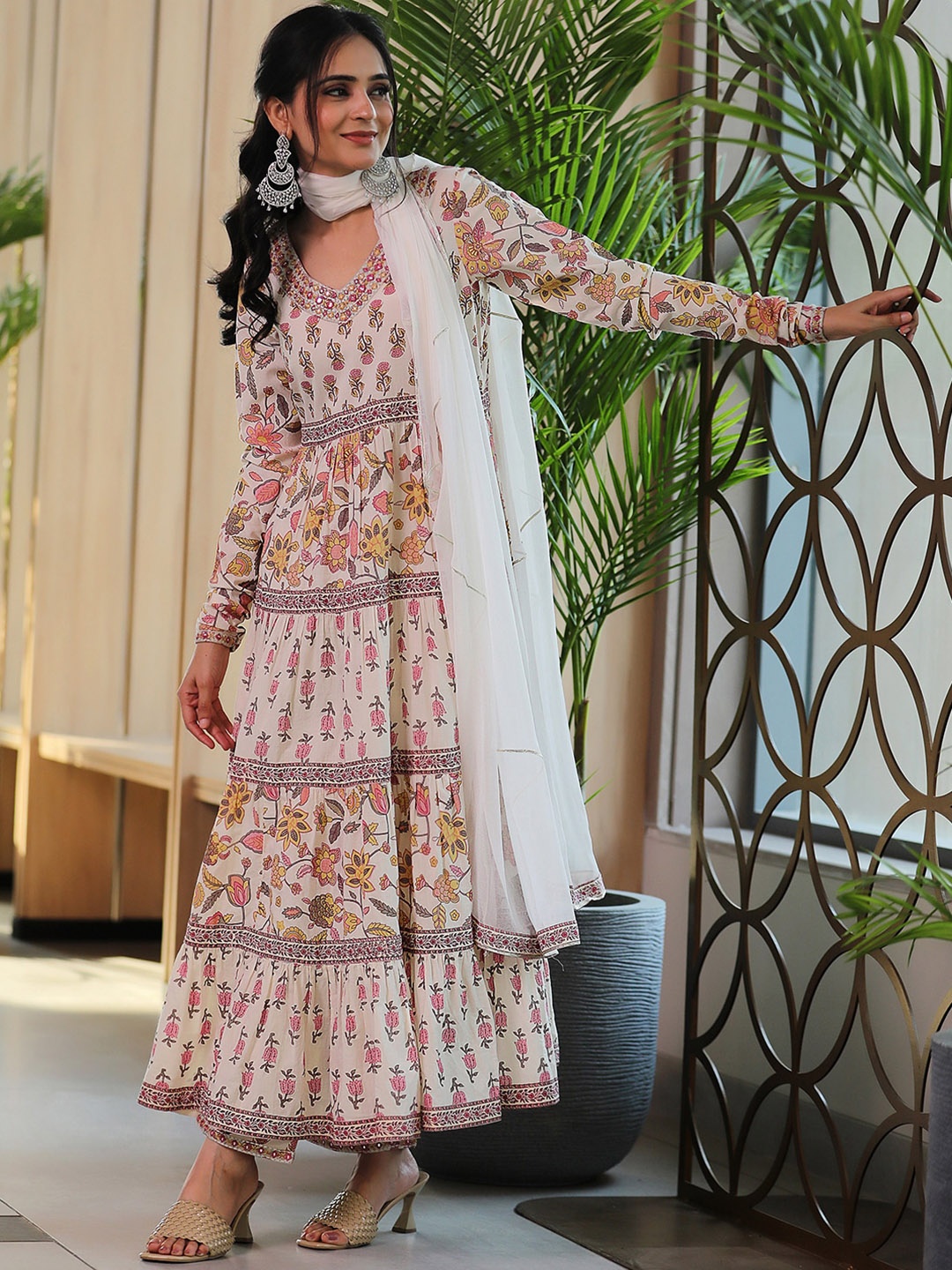 

Libas Floral Printed Tiered Mirror Work Pure Cotton Kurta with Palazzos & With Dupatta, Off white