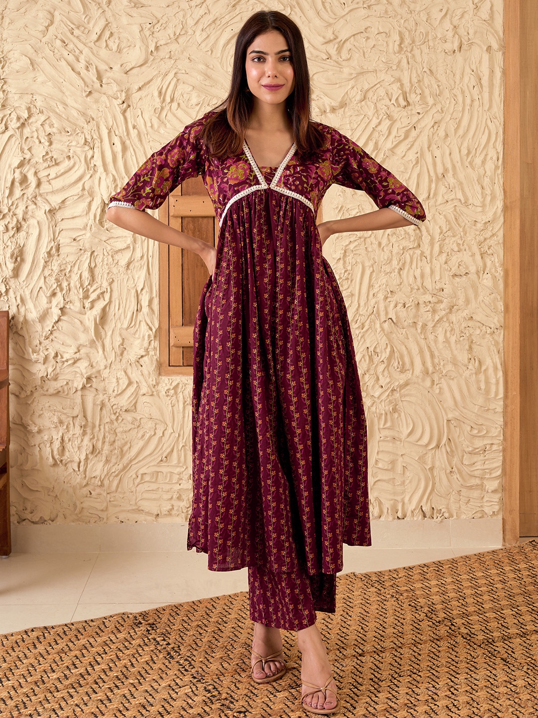 

Libas V Neck Floral Printed Empire Pure Cotton A Line Kurta with Palazzo, Rust