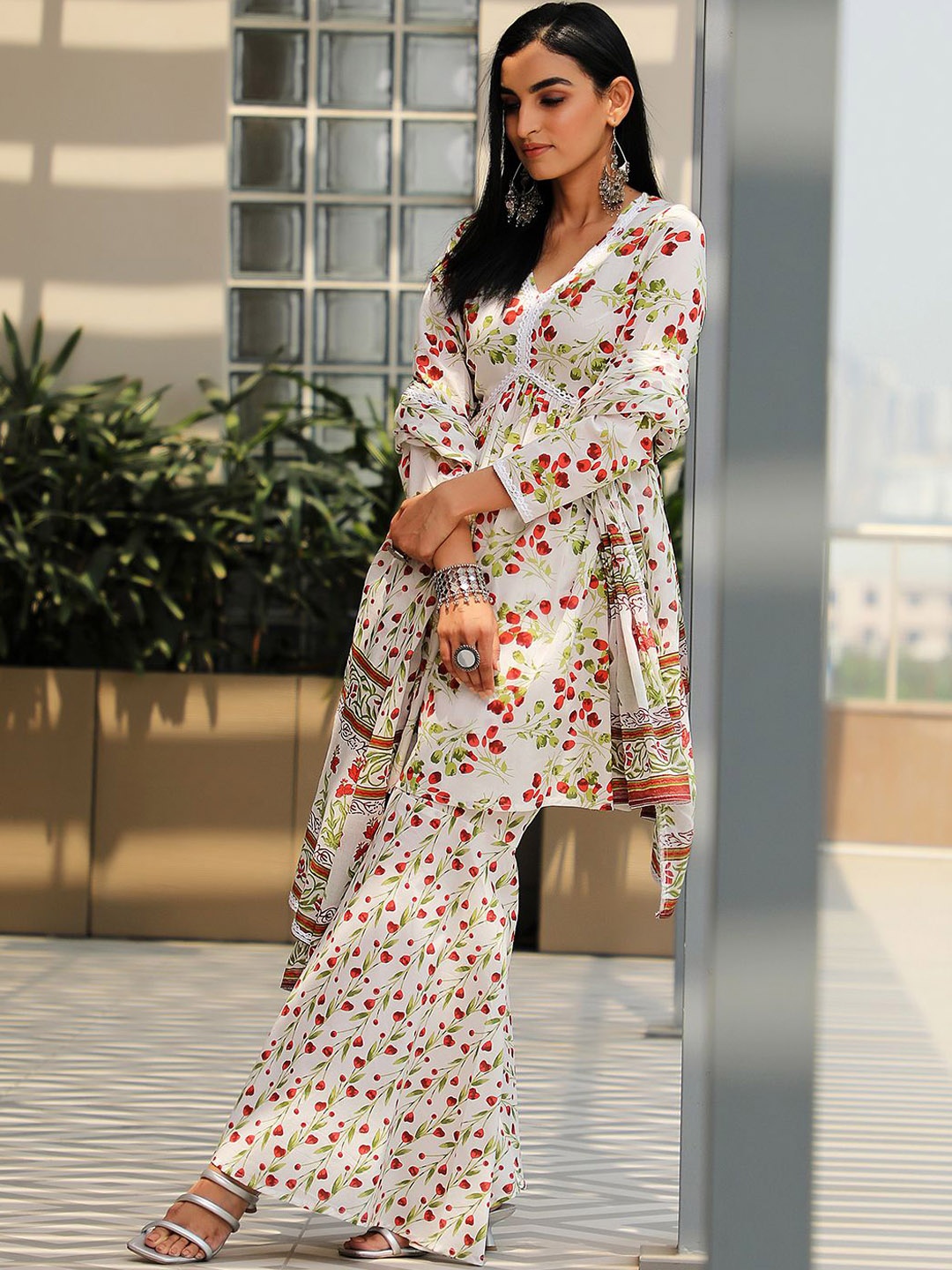 

Libas V Neck Floral Printed Pure Cotton Empire A Line Kurti with Sharara & Dupatta, Off white